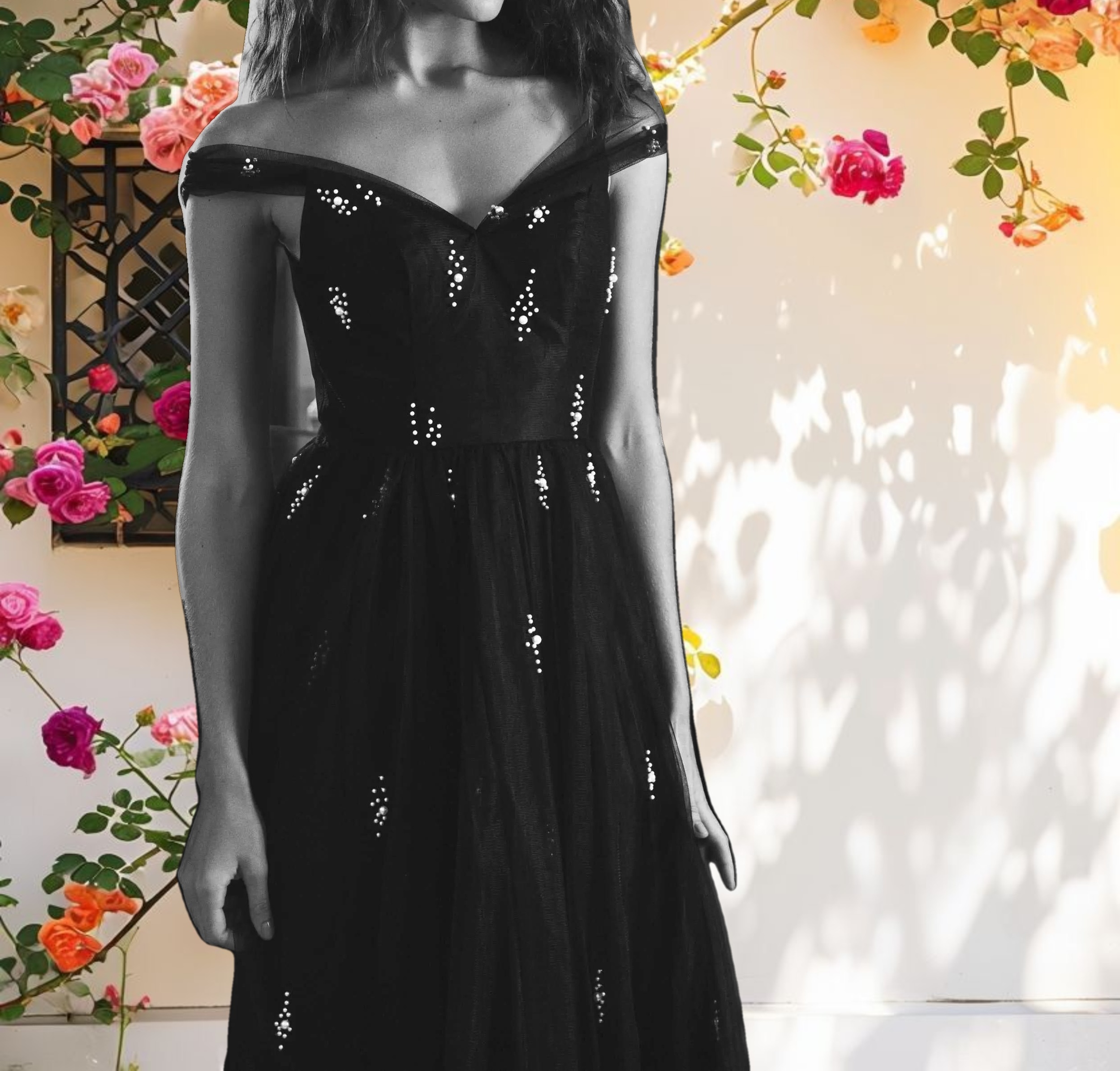Black Off The Shoulder Embellished Tulle Cocktail Dress