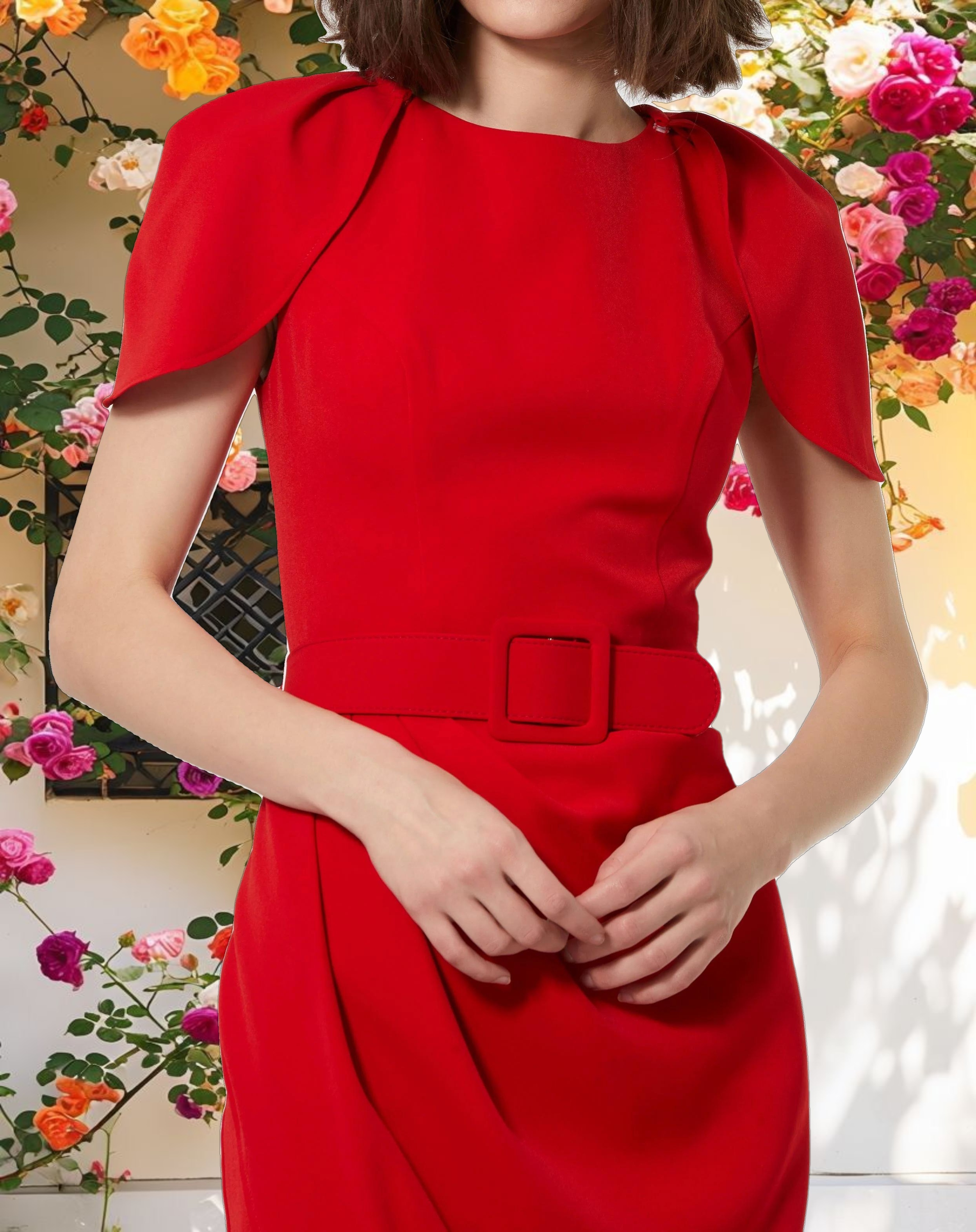 Pink Crepe Boat Neck Midi Tulip Dress With Belt