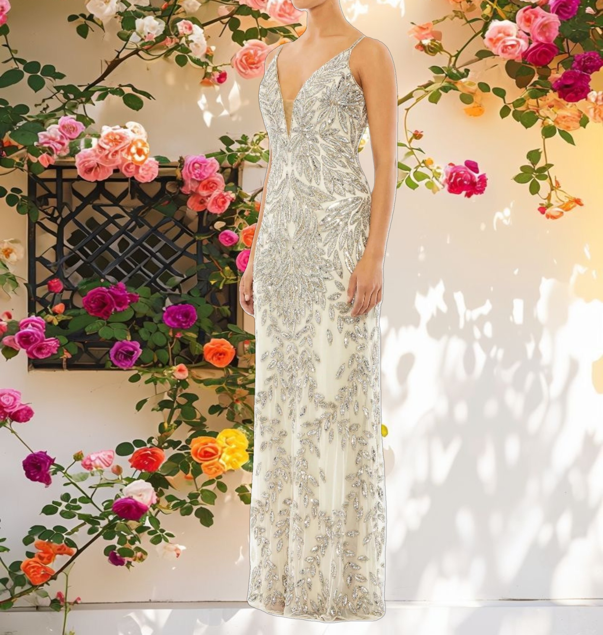 Silver Embellished Leaf Evening Gown