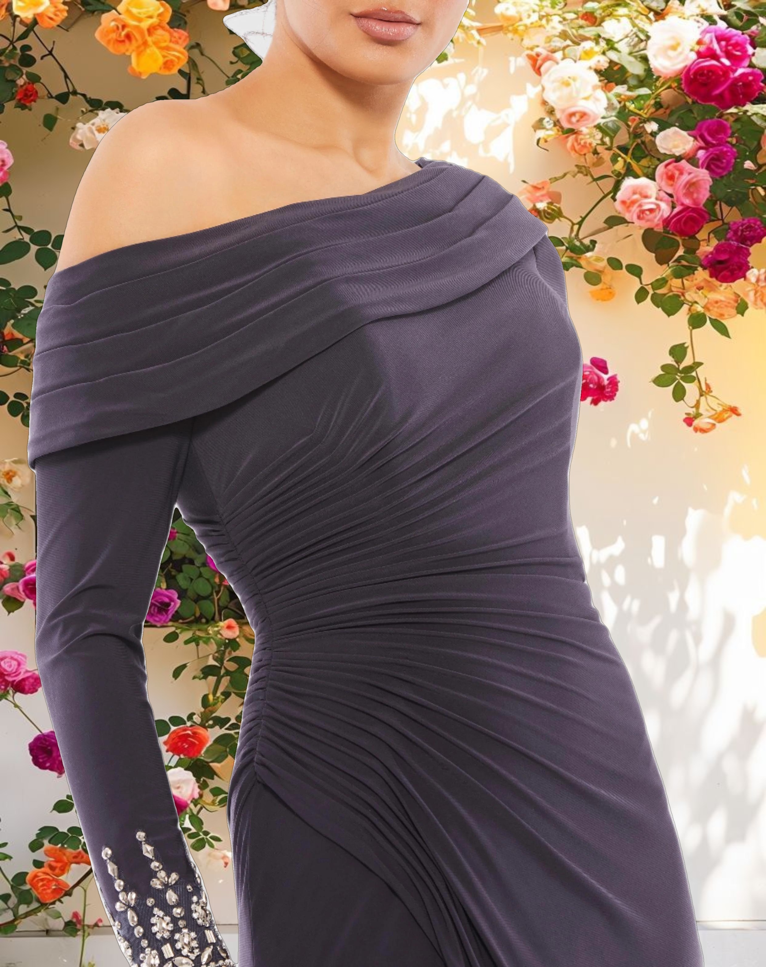 Purple Foldover Long Sleeve Jeweled Midi Dress