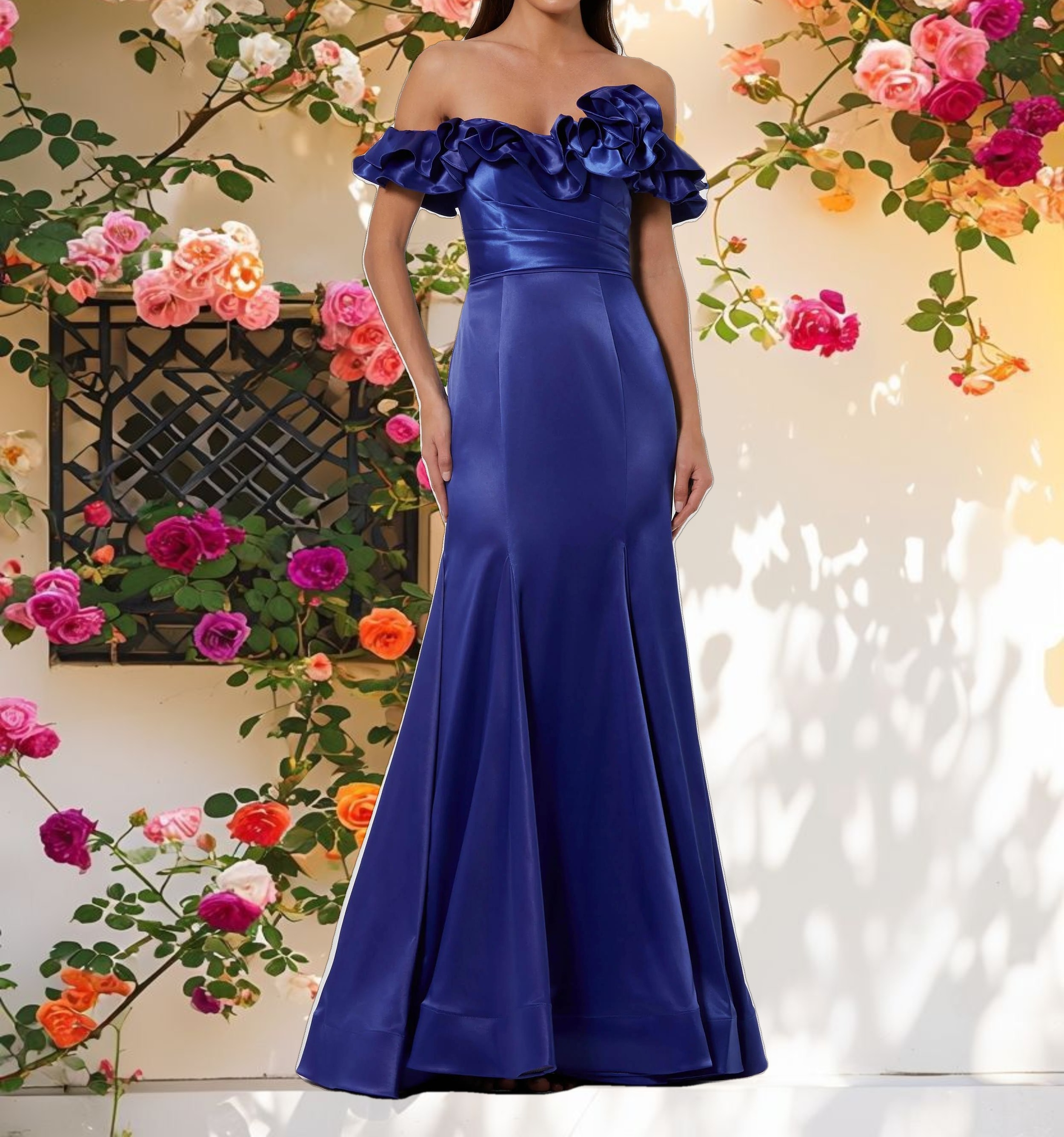 Satin Ruffle Off the Shoulder Gown
