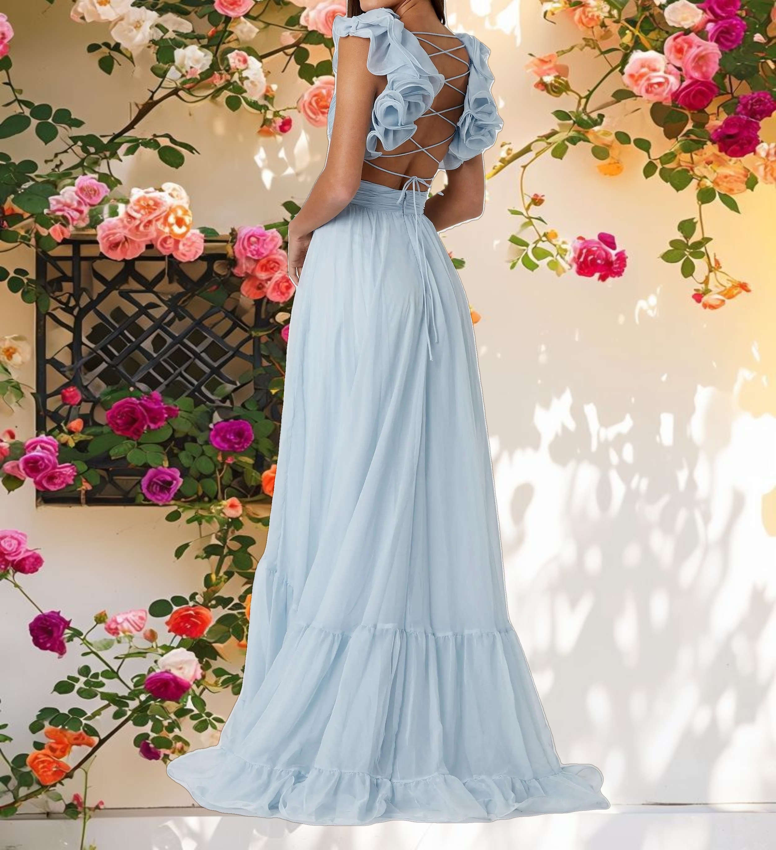 Ruffle Tiered Cut Out Chiffon Gown