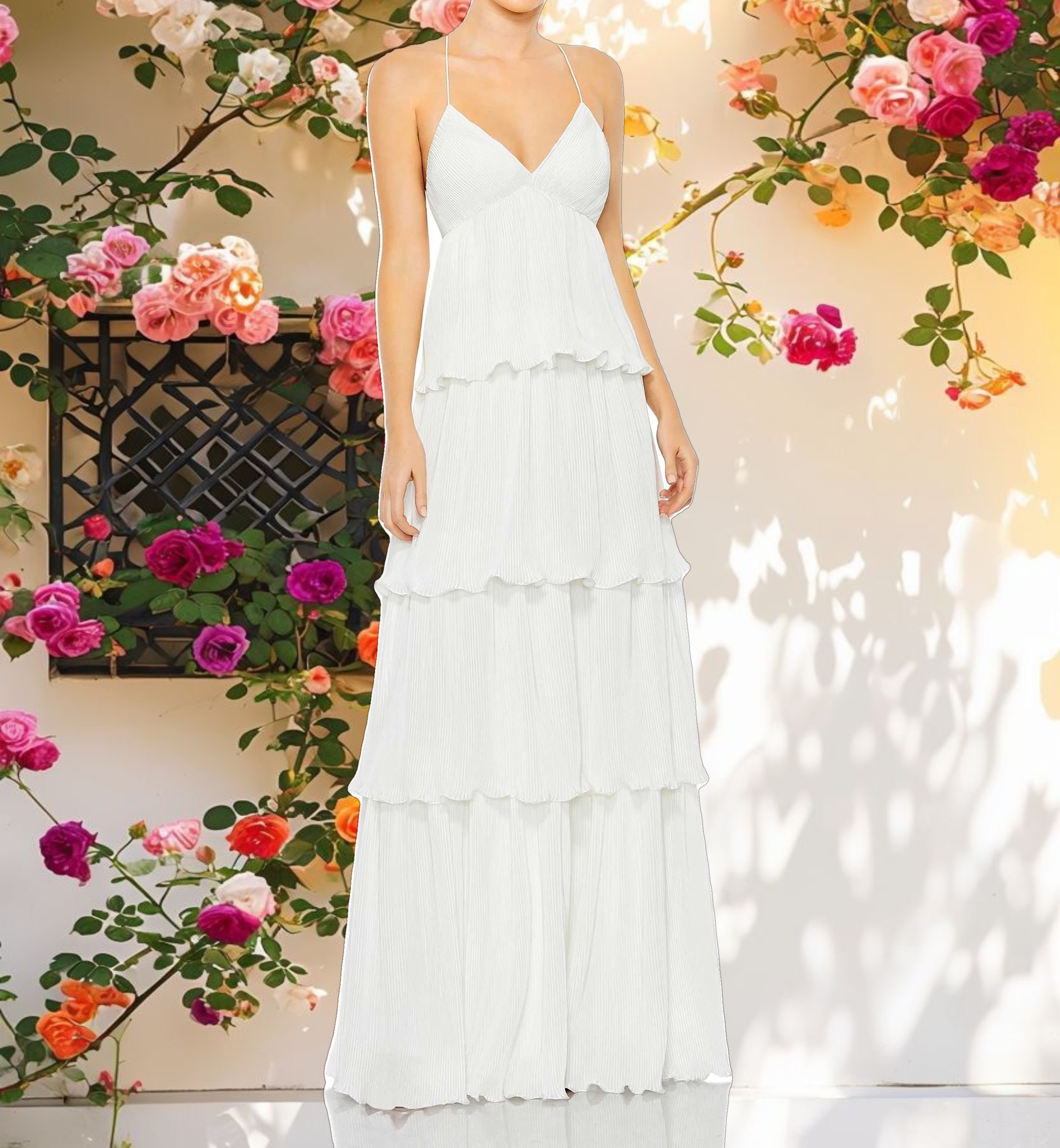 White Spaghetti Strap Ruffle Layered Maxi Dress