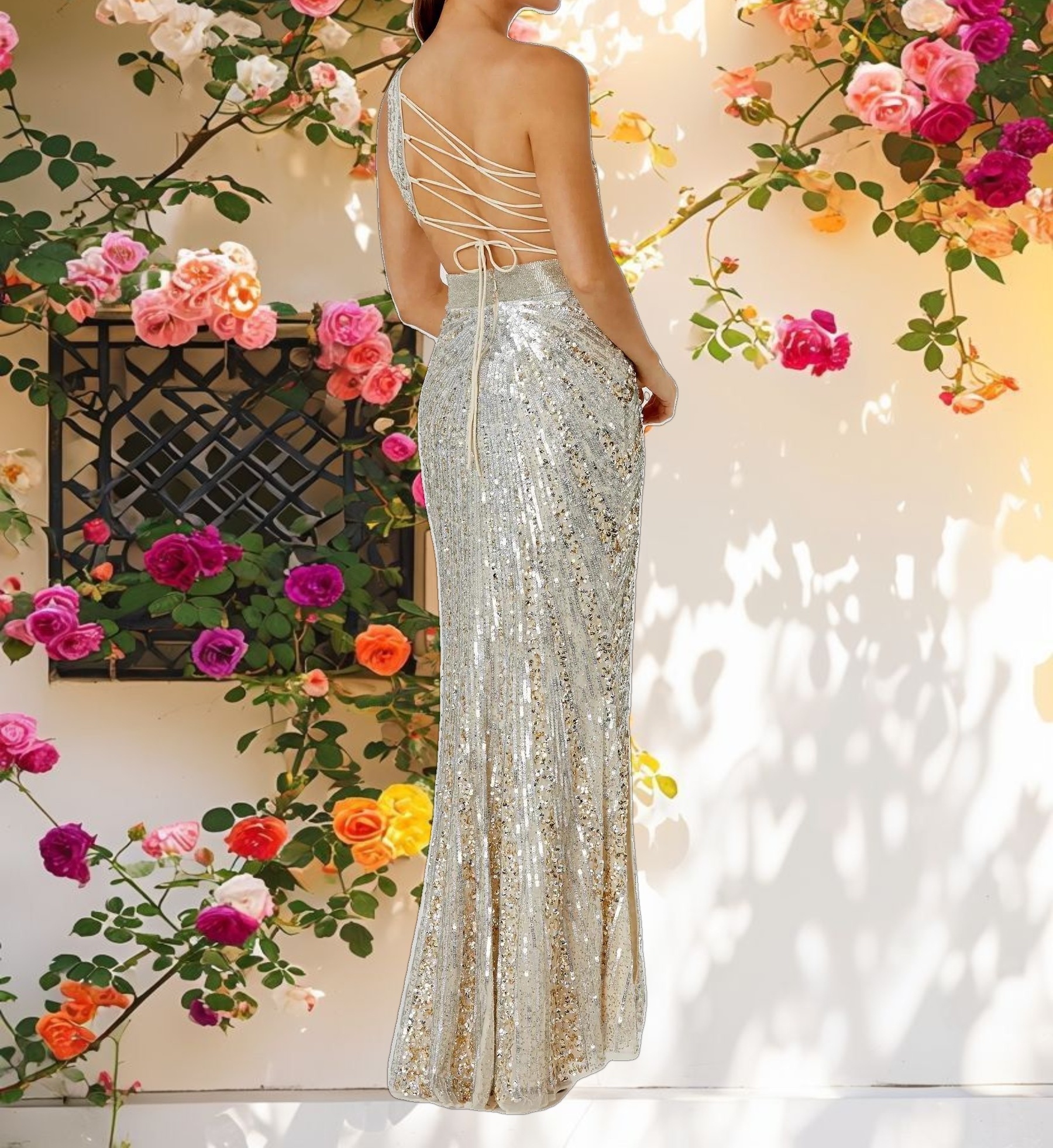 Silver Sequined One Shoulder Draped Lace Up Gown