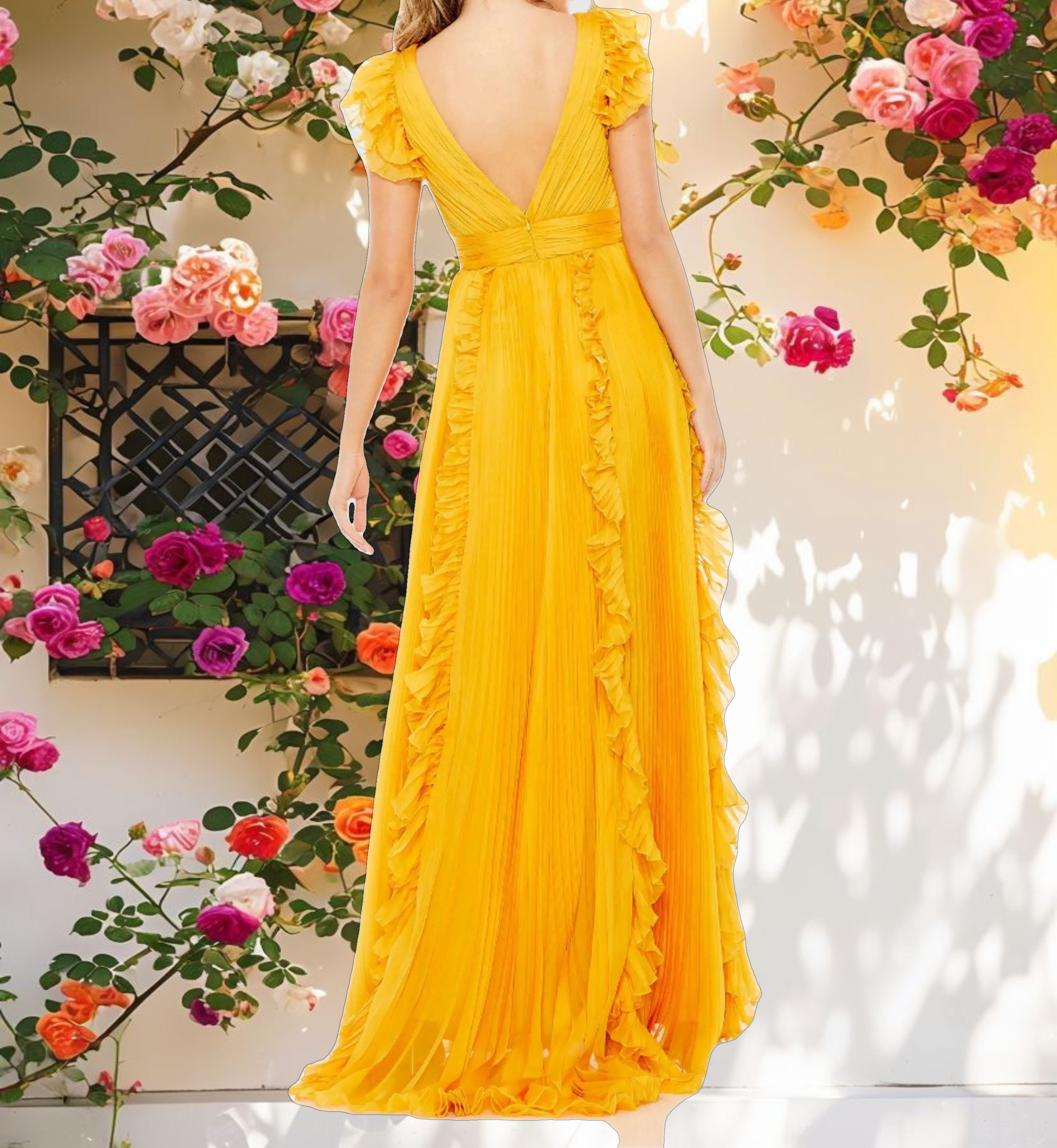 Yellow Pleated Ruffle Cap Sleeve Flowy A Line Gown