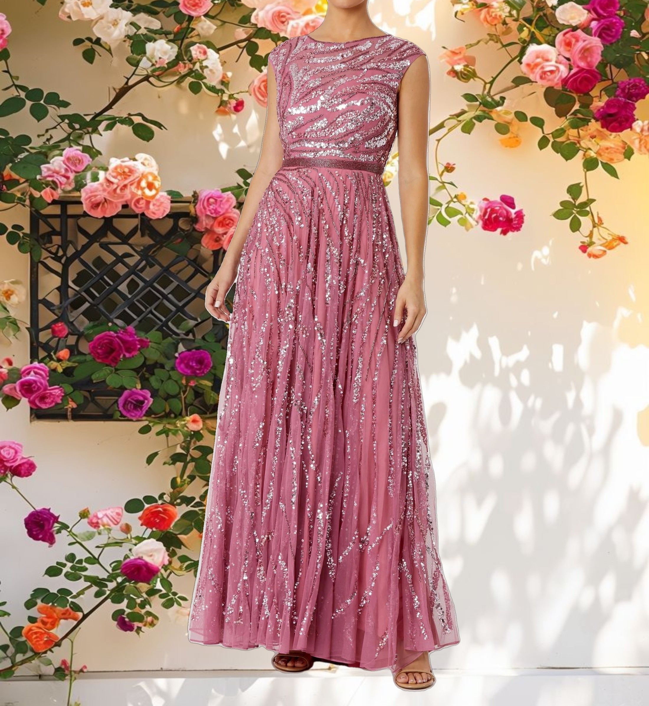 Pink Cap Sleeve Embellished Evening Gown