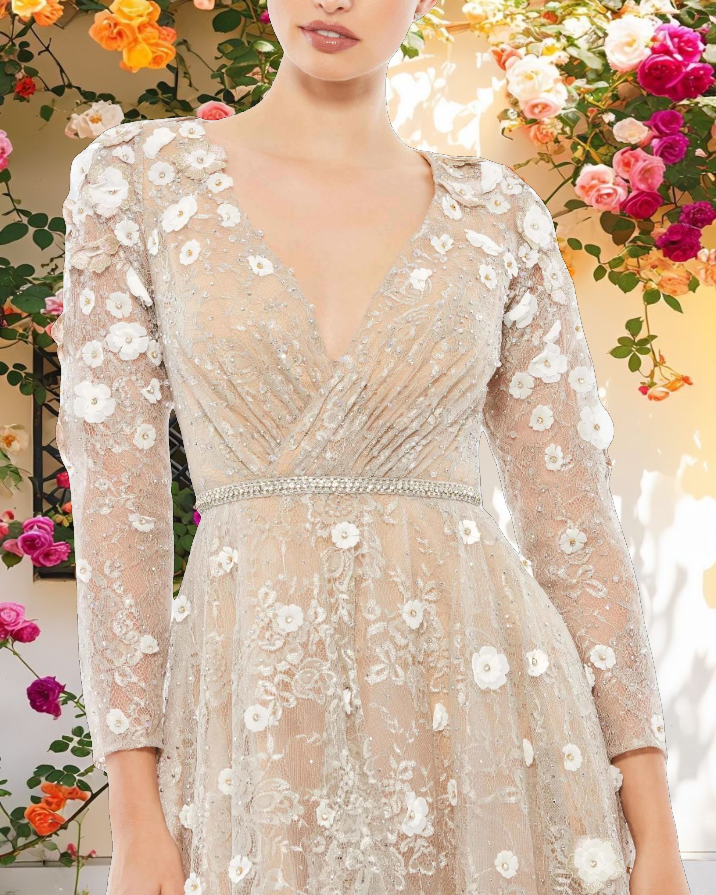 Beige Floral Embellished Lace A Line Cocktail Dress