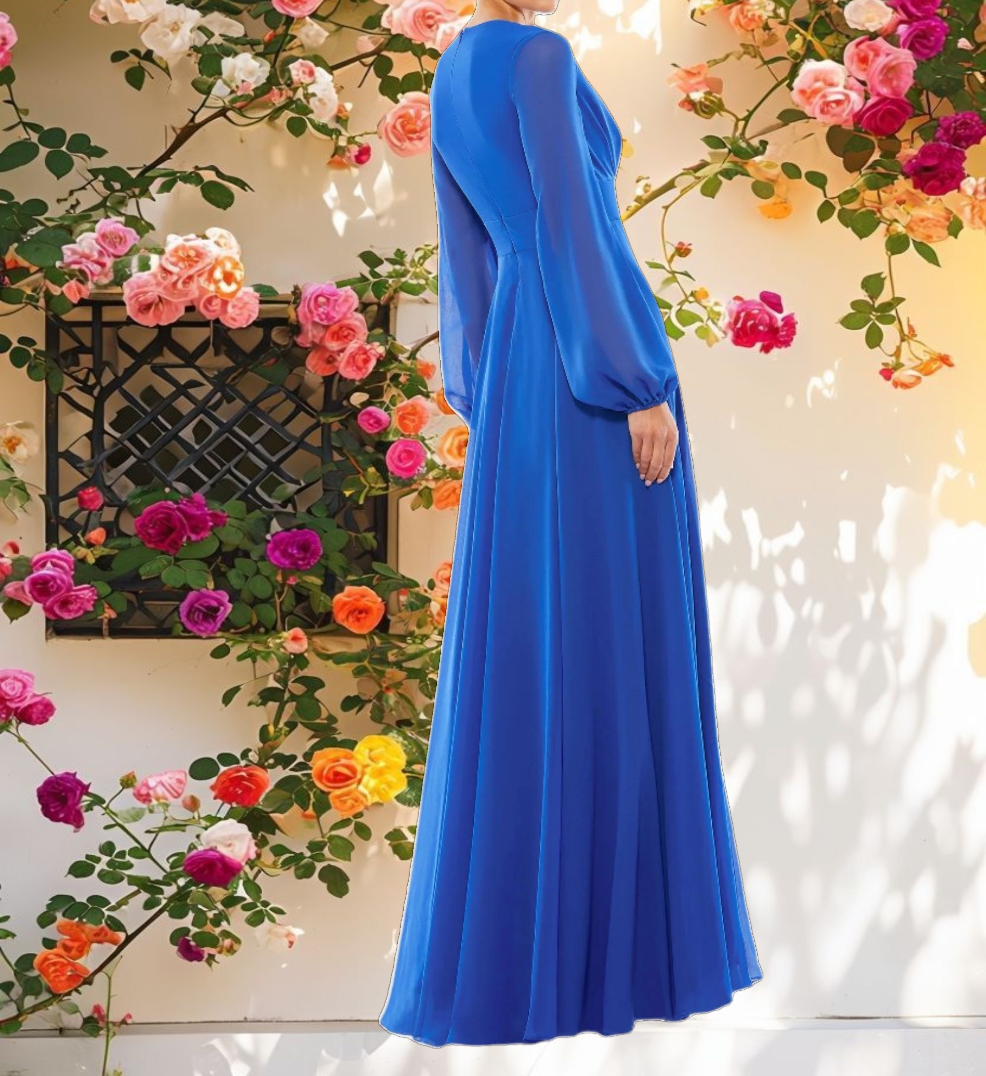 Blue V-Neck Illusion Long Sleeve Chiffon Gown