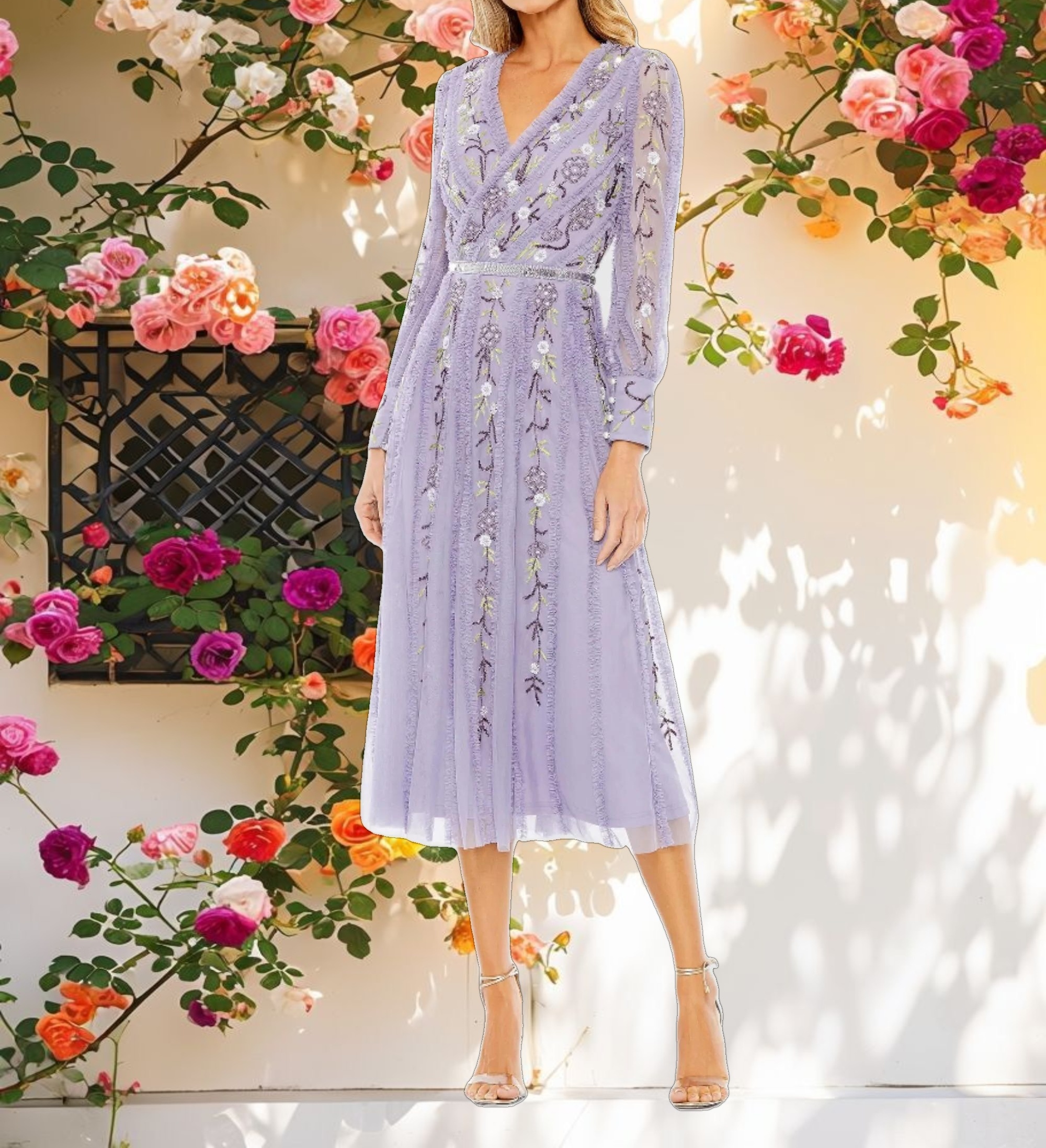Long Sleeve Embroidered Wrap Midi Dress