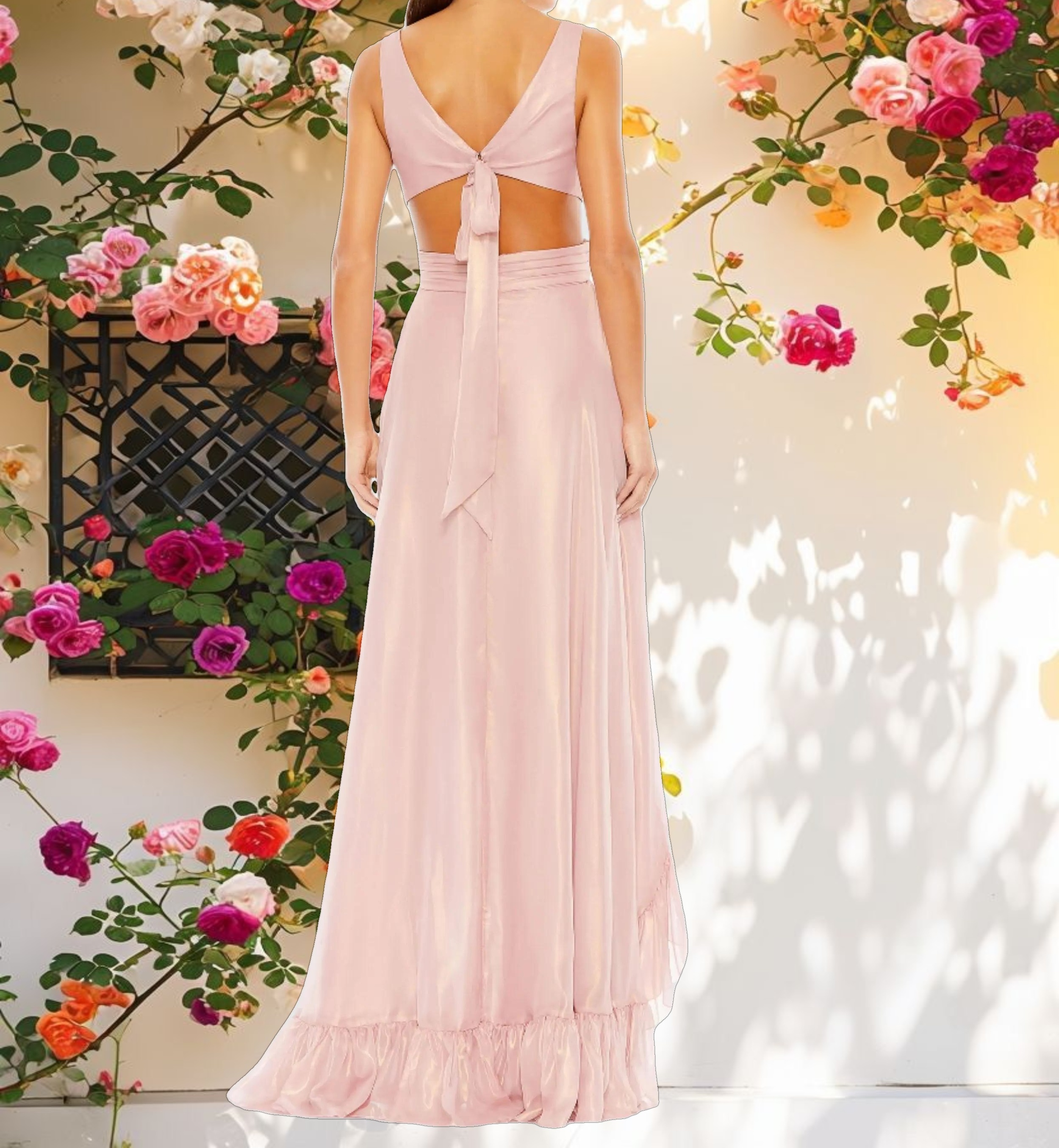 Pink Cut Out High Low Ruffle Gown