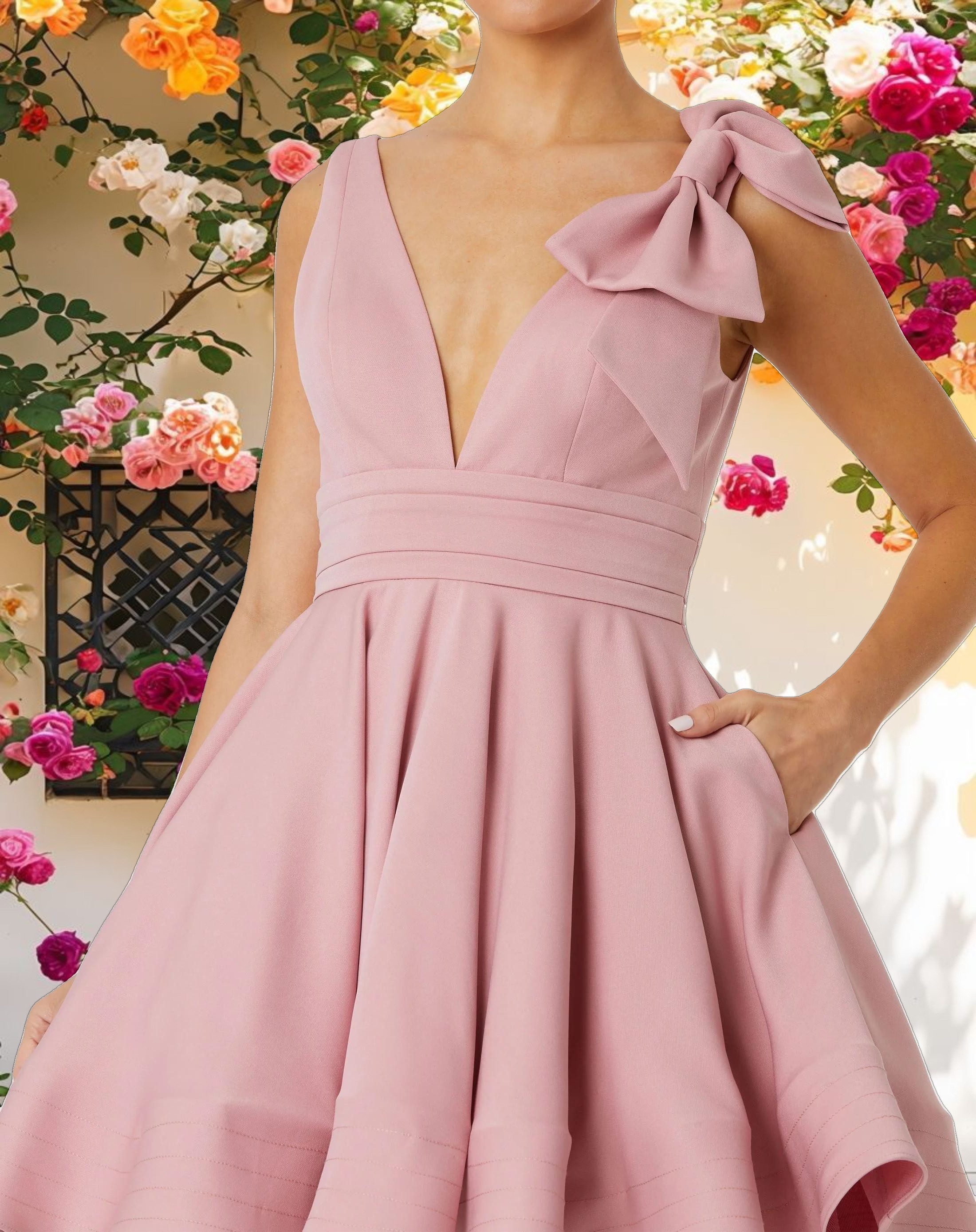 Pink Crepe Sleeveless V Neck Mini Dress With Bow