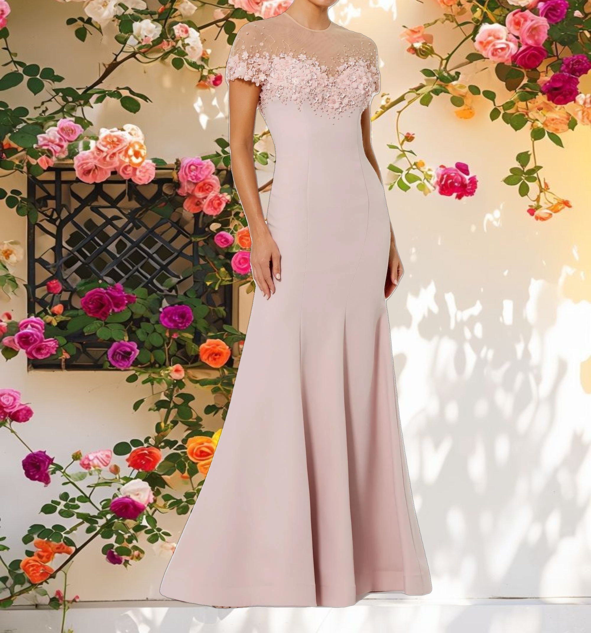 Pink Mermaid Crepe Gown With Beaded Illusion Neck