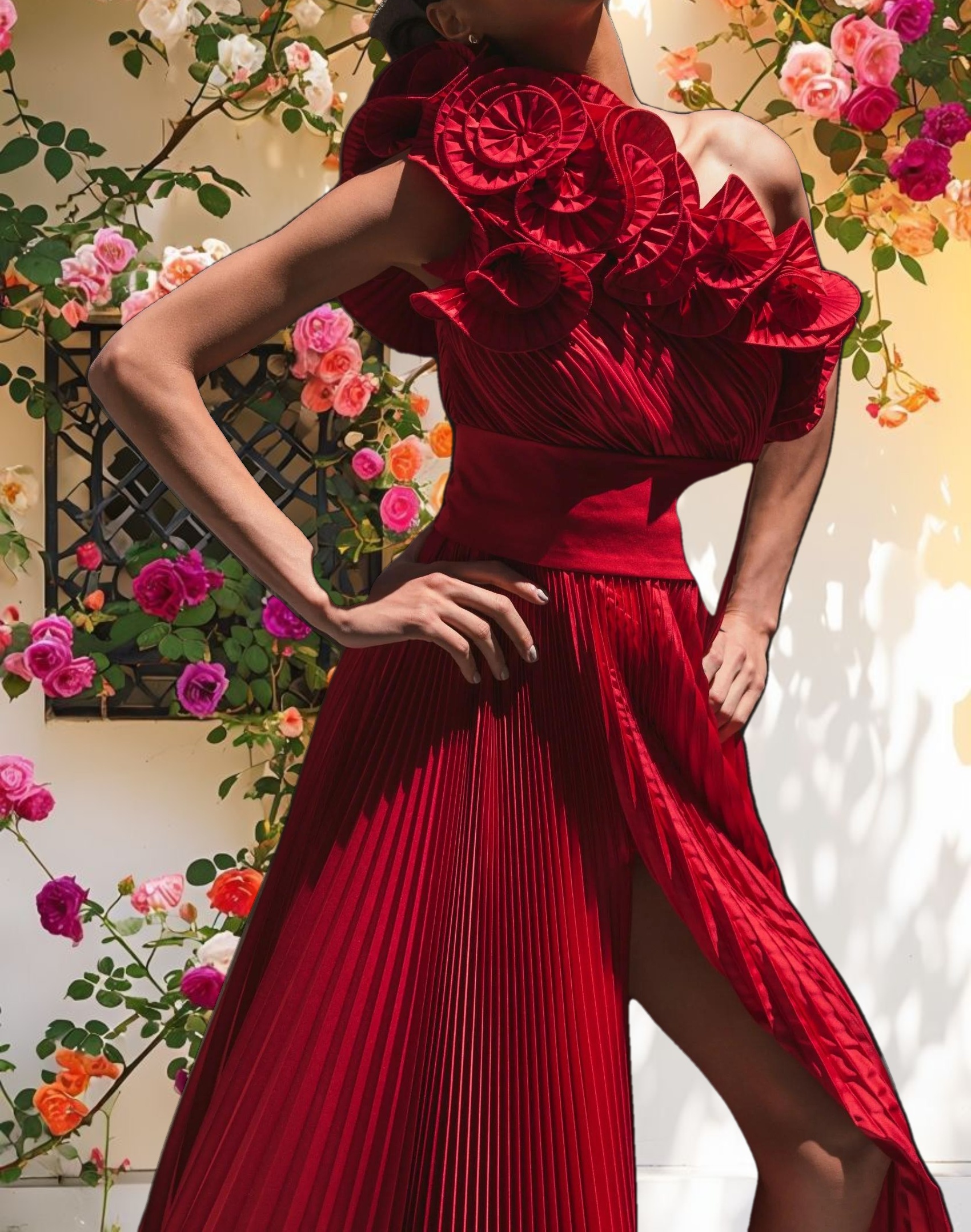 Red Pleated Ruffle One Shoulder Gown
