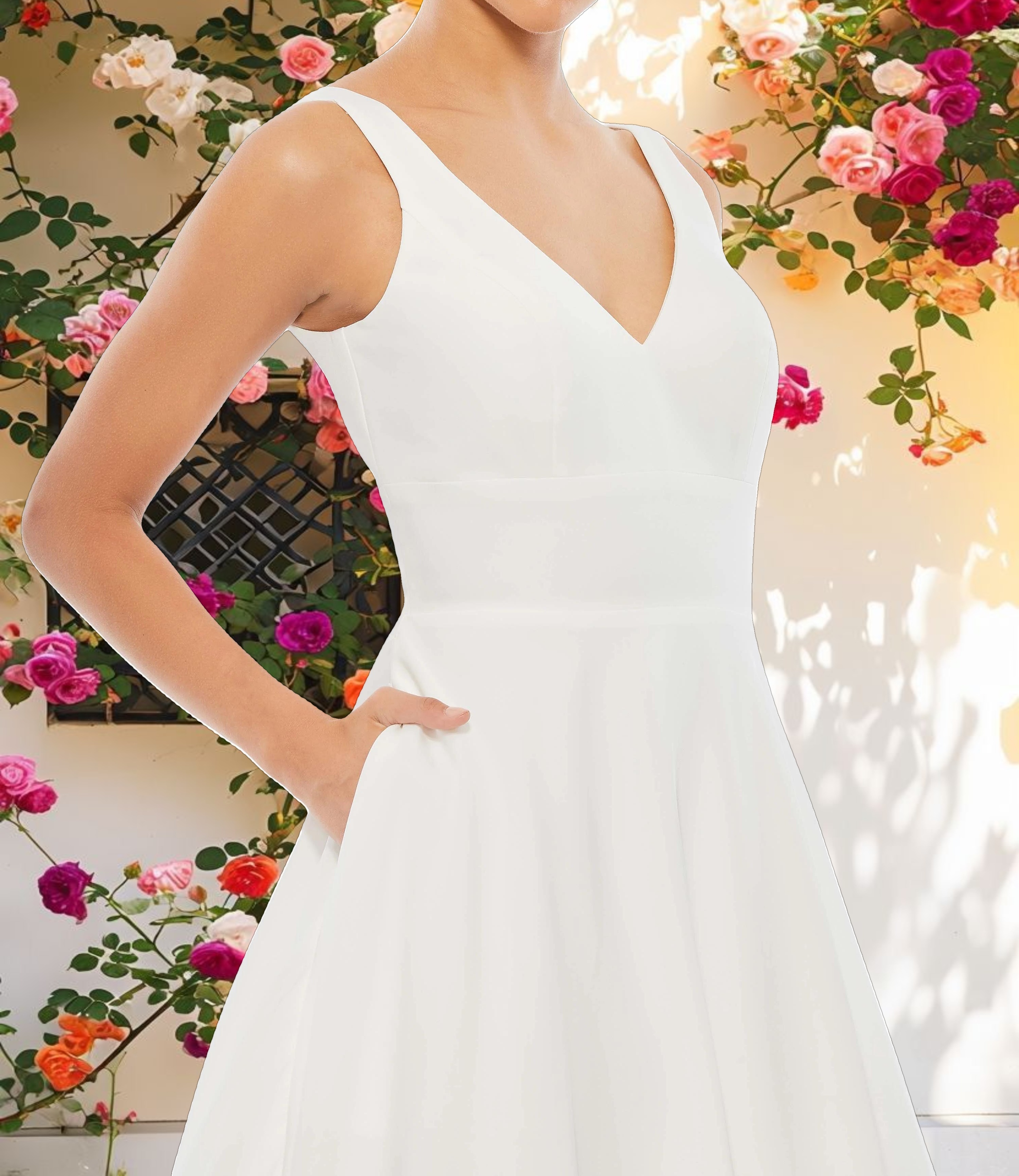 White Classic Sleeveless A Line Gown with Pockets