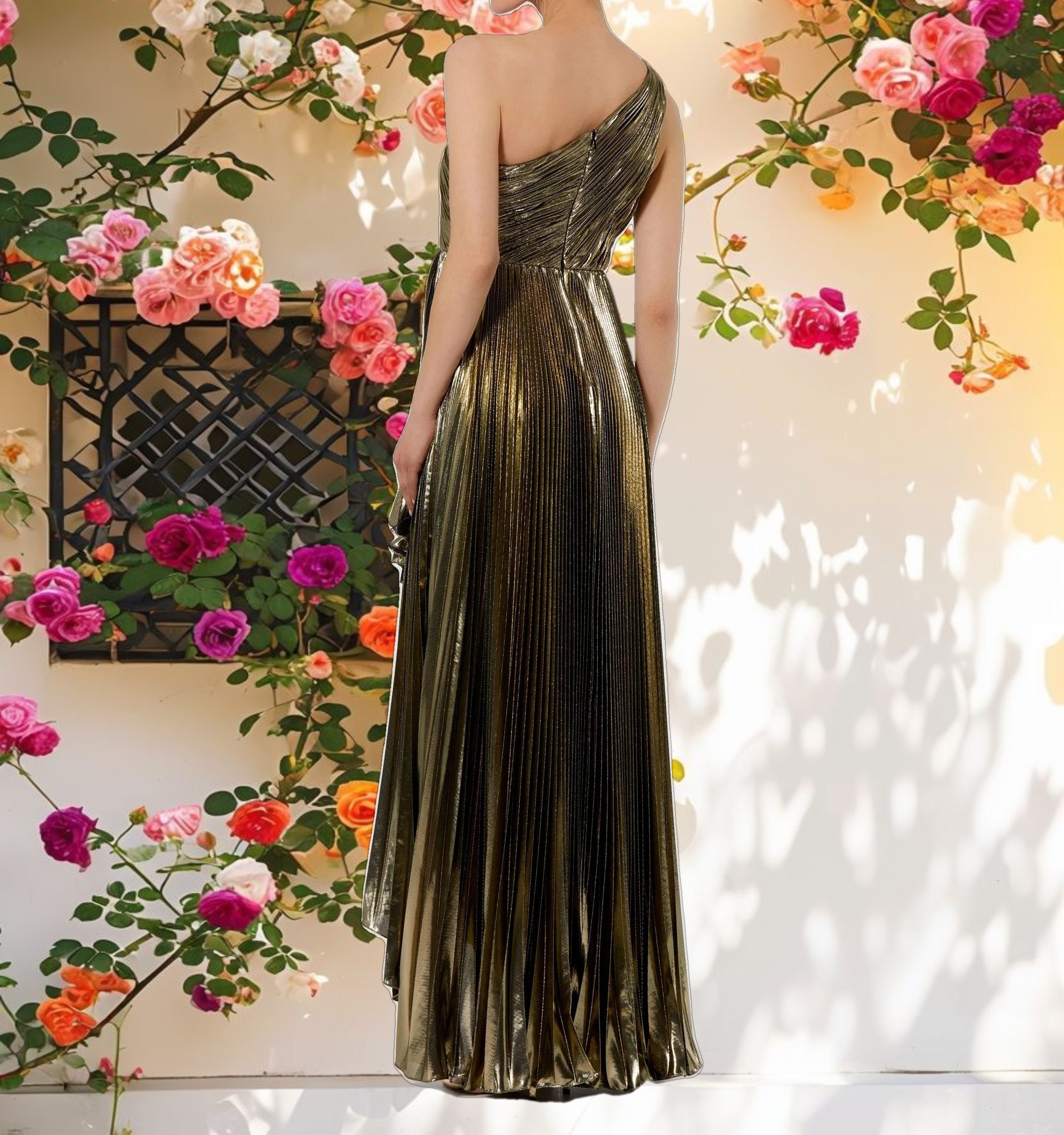 Gold Pleated Metallic One Shoulder High Low Gown