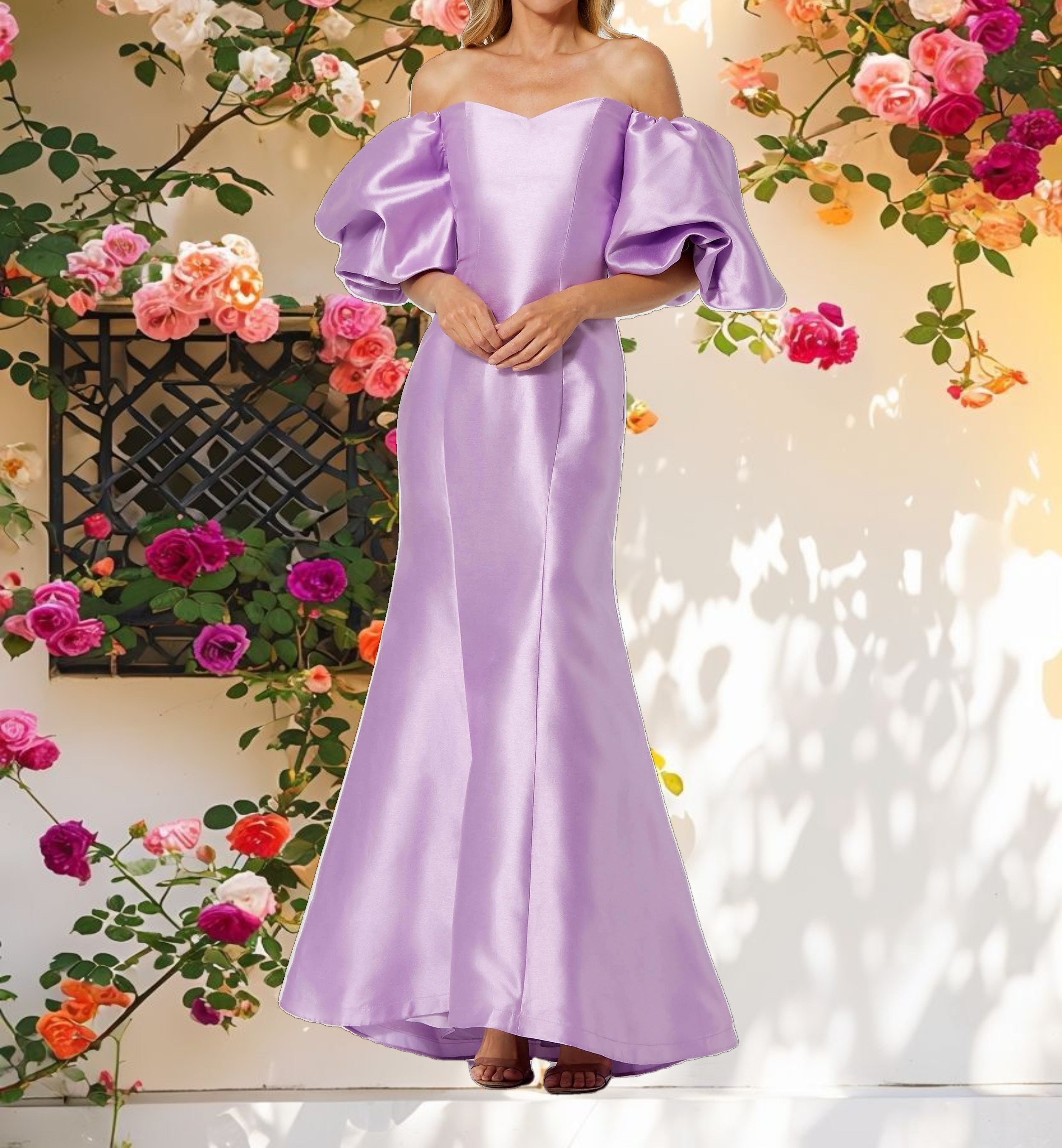 Purple Sweetheart Off The Shoulder Puff Sleeve Gown