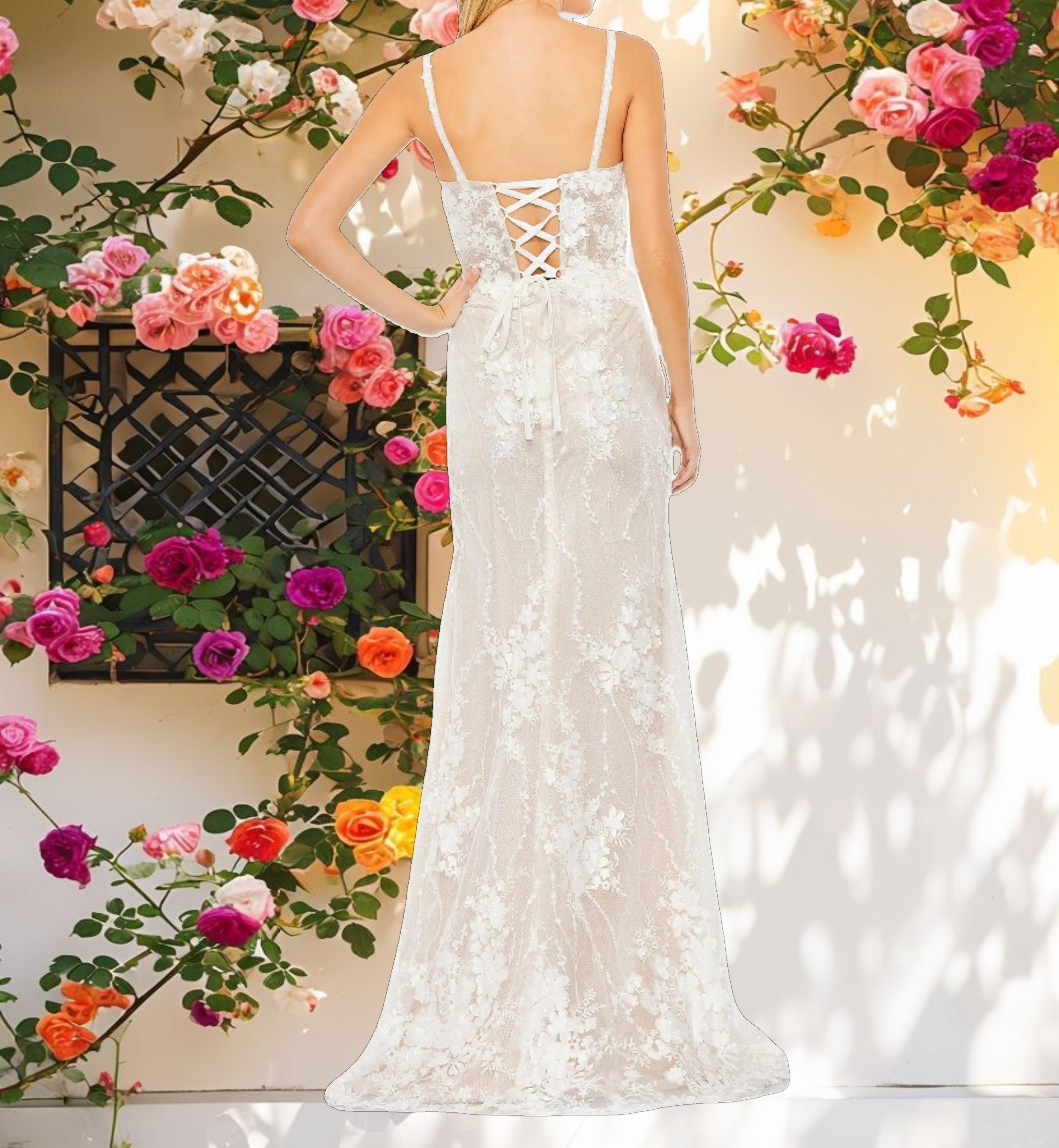 Glitter Floral Applique Sleeveless Mermaid Gown