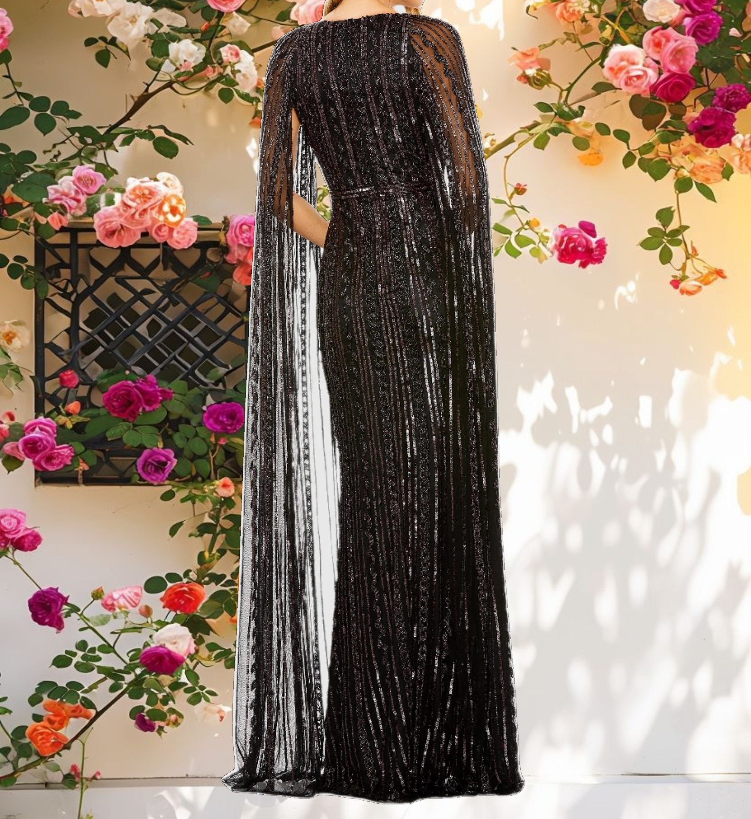 Black Sequined V Neck Gown with Cape Sleeves