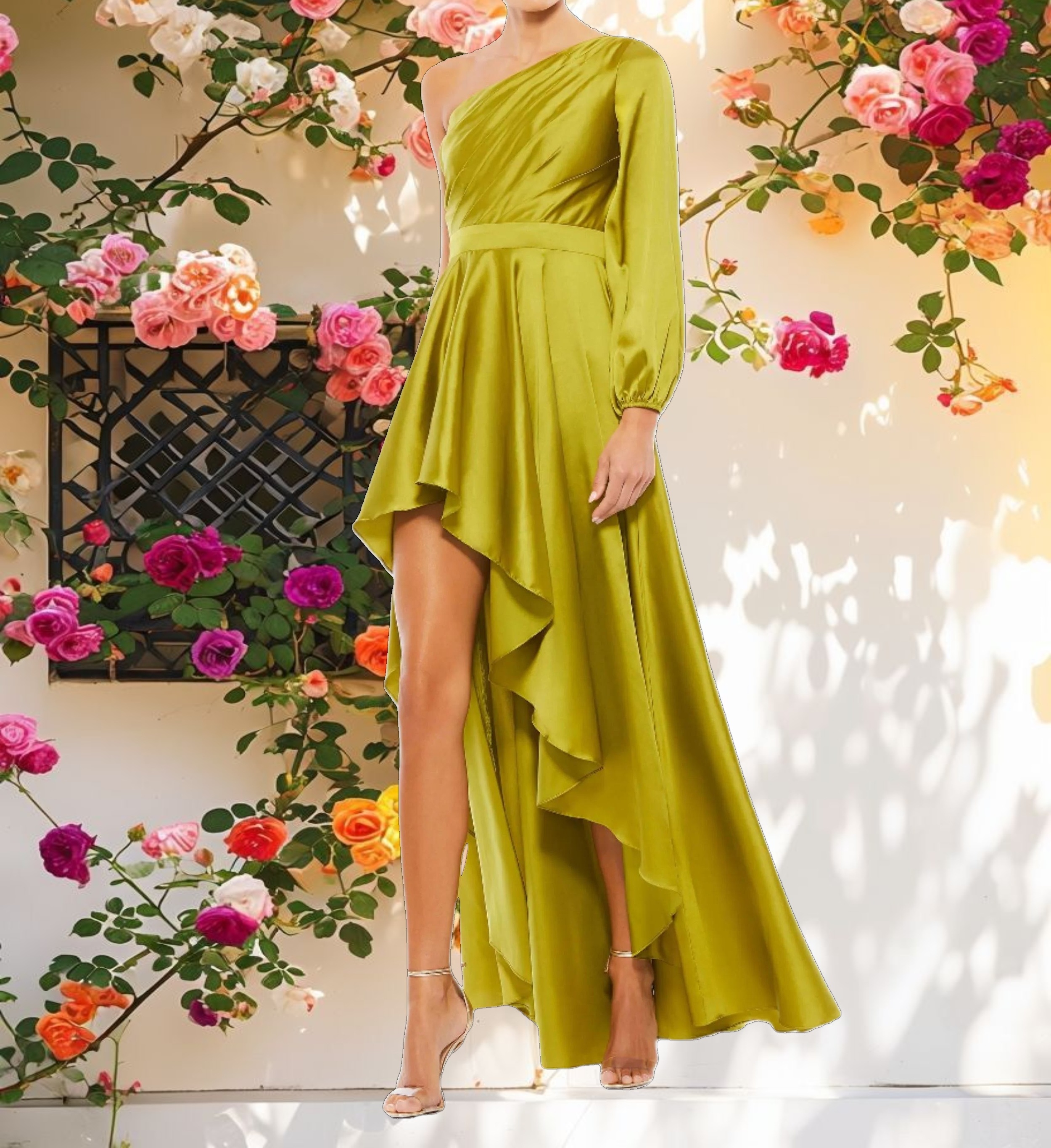 Green High Low One Shoulder Flowy Gown