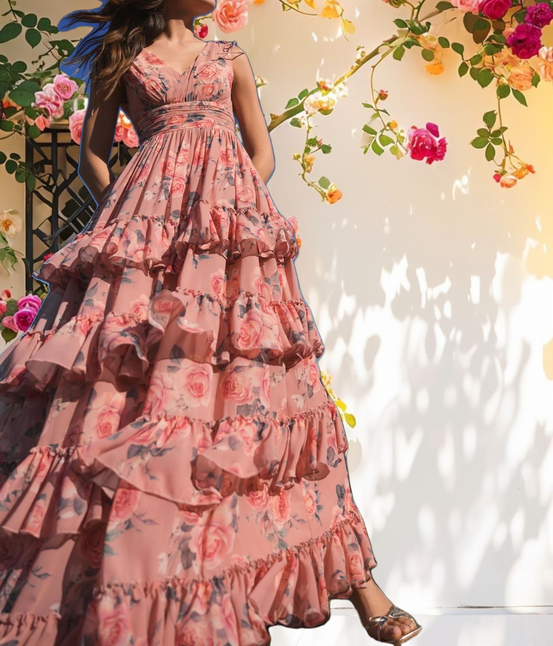 Pink Drawstring Shoulder Chiffon Tiered Floral Dress