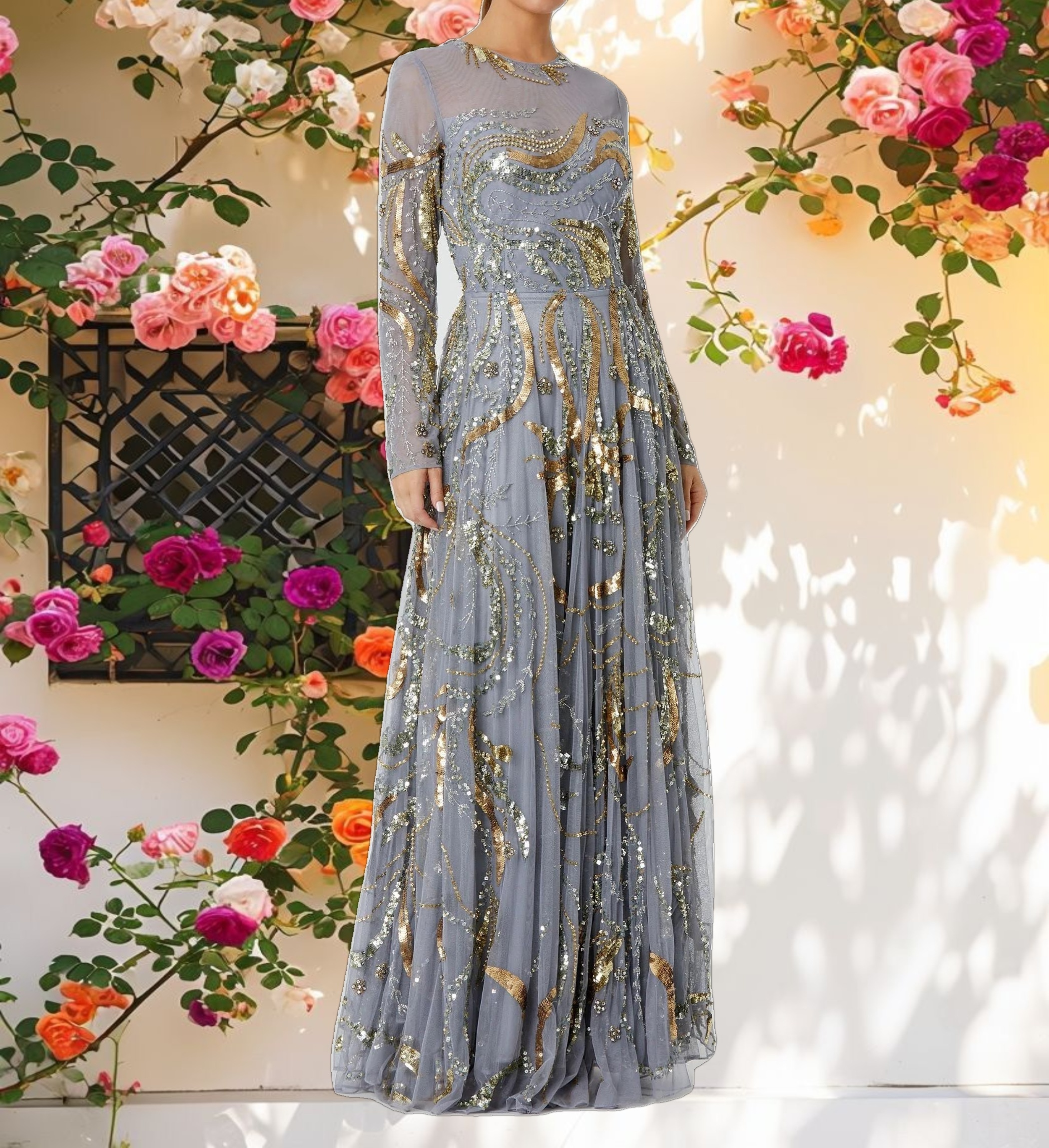 Blue and Gold Long Sleeve Embellished Illusion Evening Gown