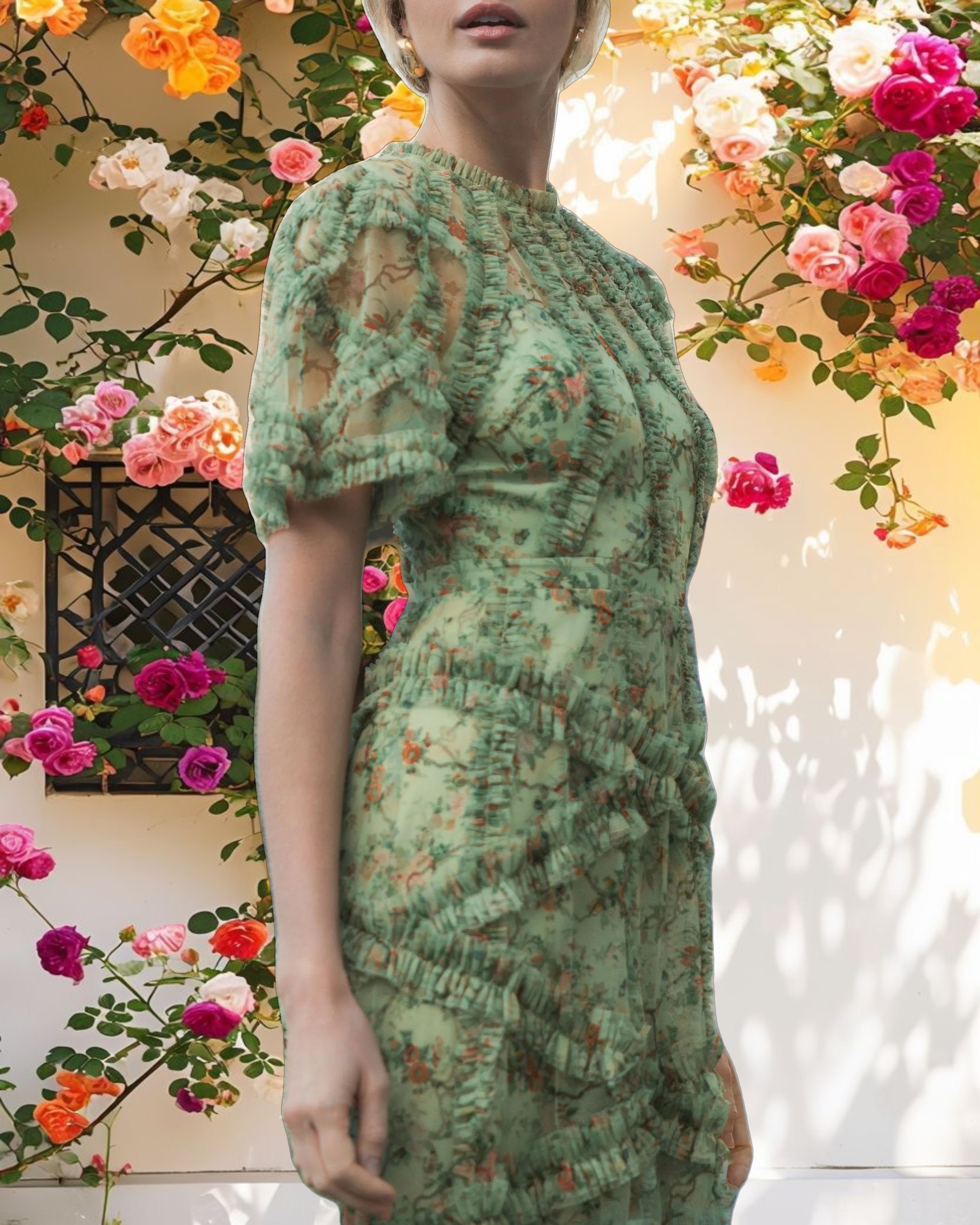 Floral Flutter Sleeve Mesh Print Dress