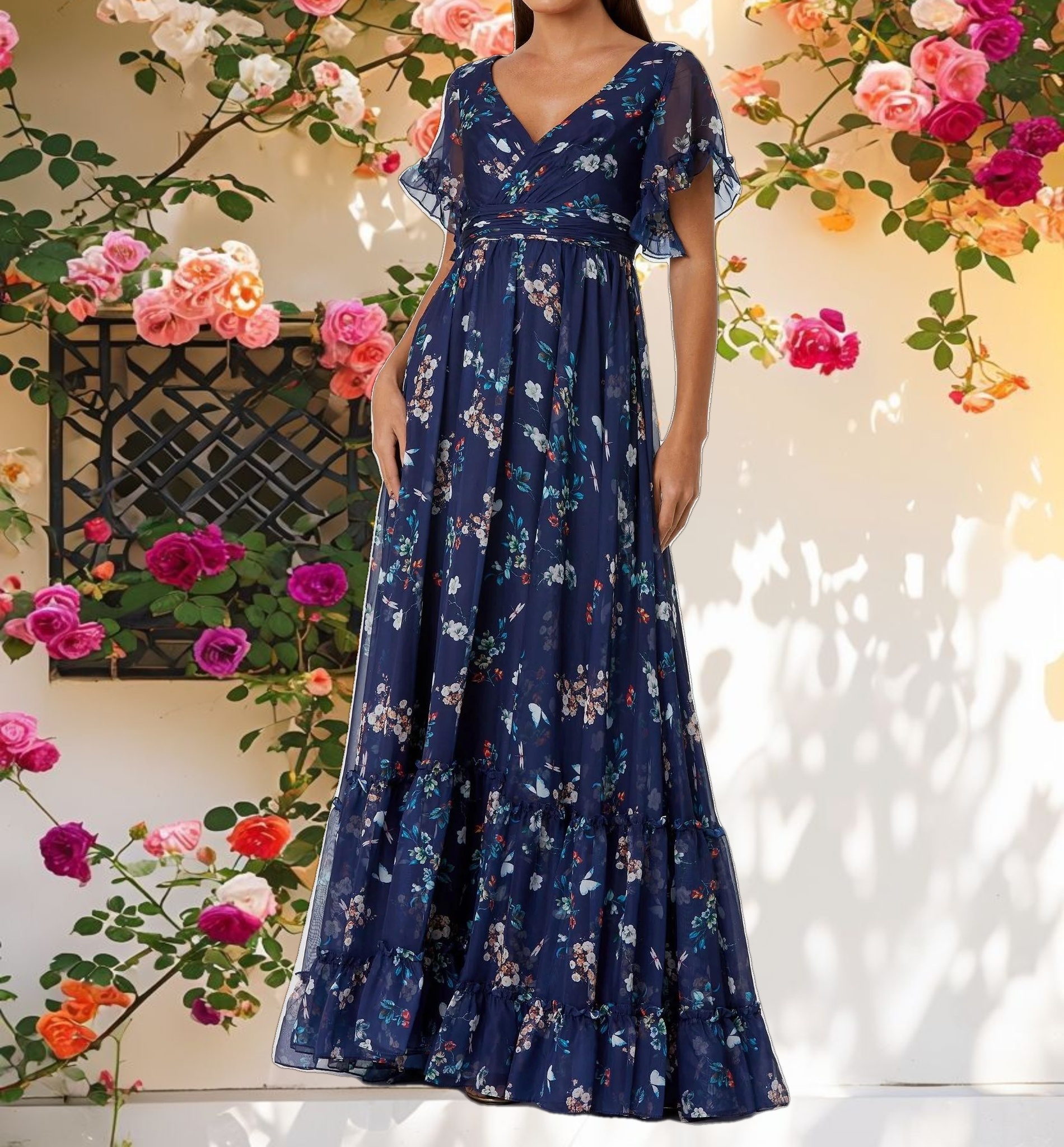 Navy Multicolor Flounce Sleeve Floral Maxi Dress