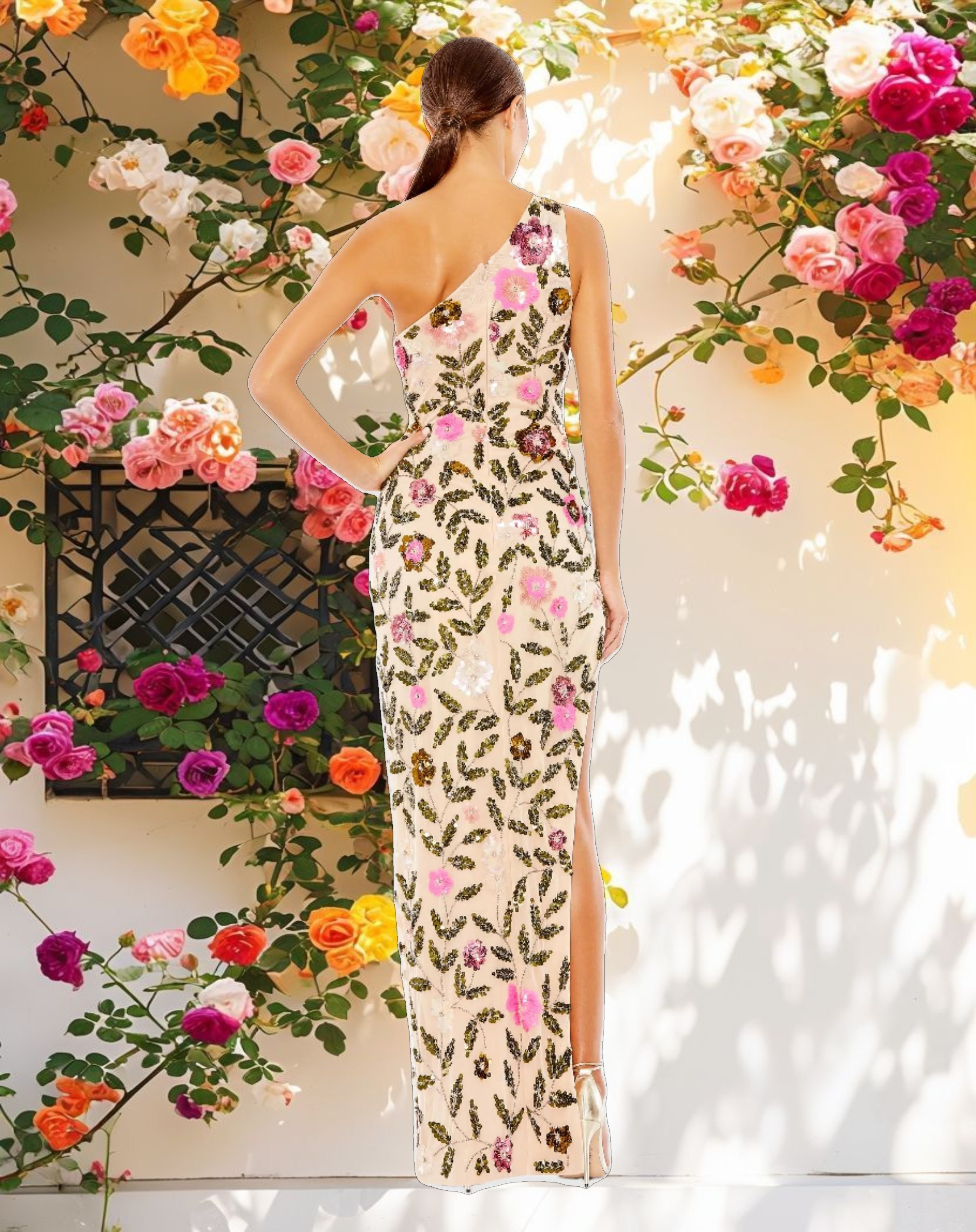 Floral Sequined One Shoulder Column Gown