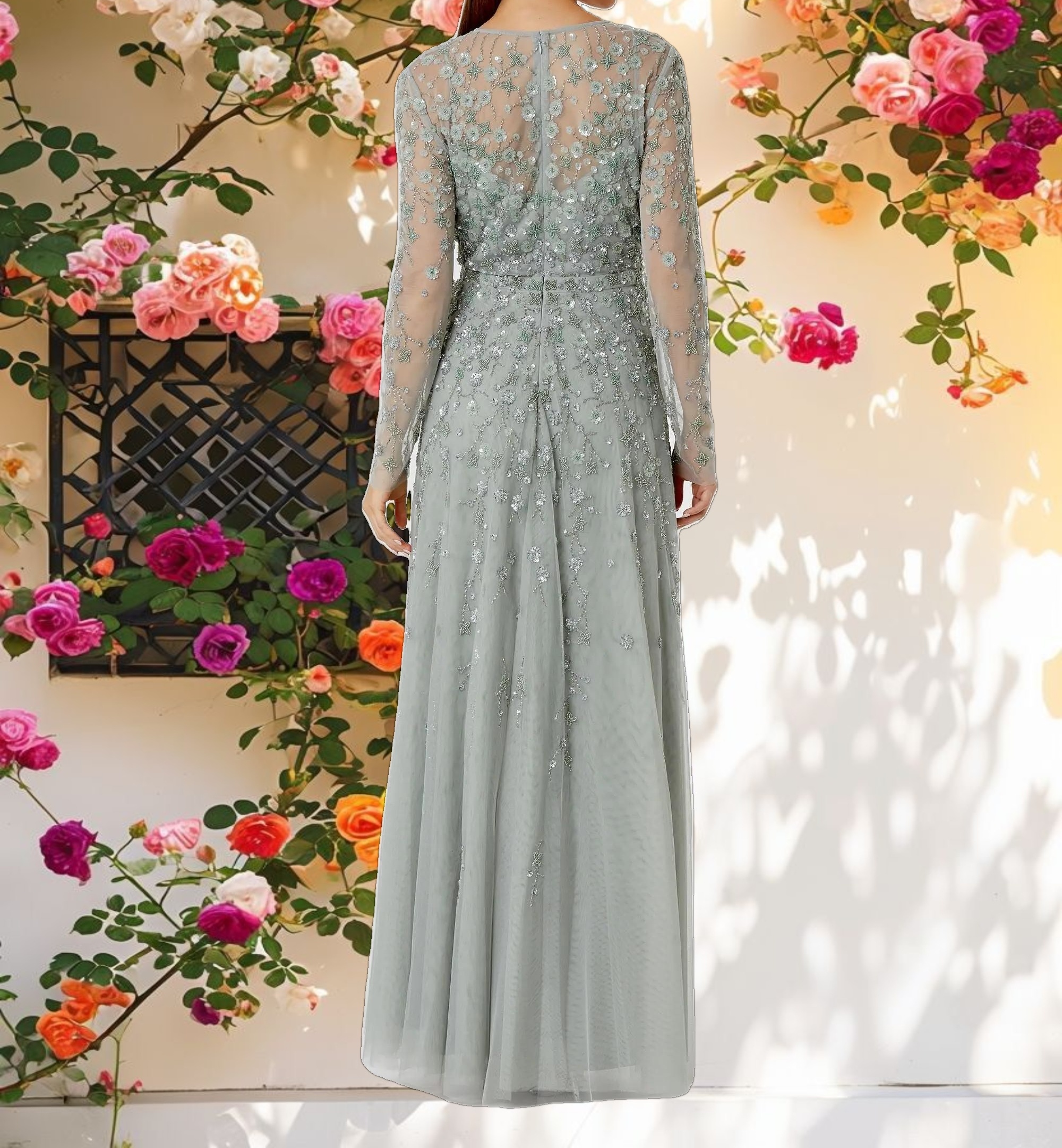 Green Embellished Wrap Over Illusion Long Sleeve A Line Gown