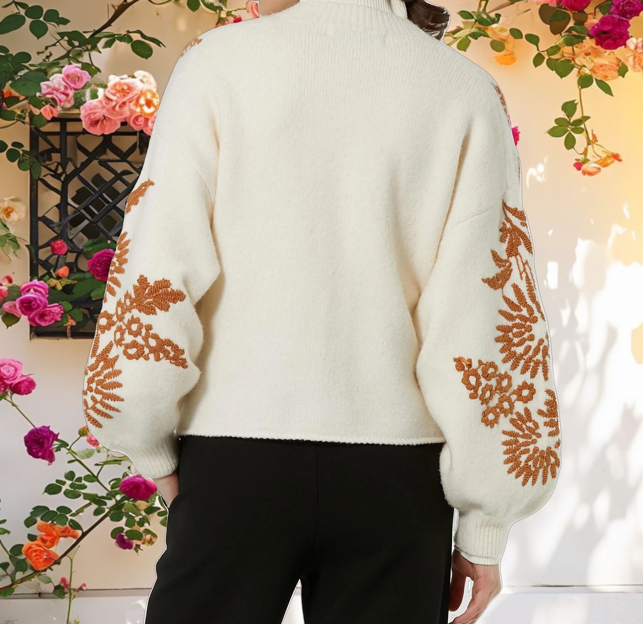 Cropped Knit Cardigan With Floral Details