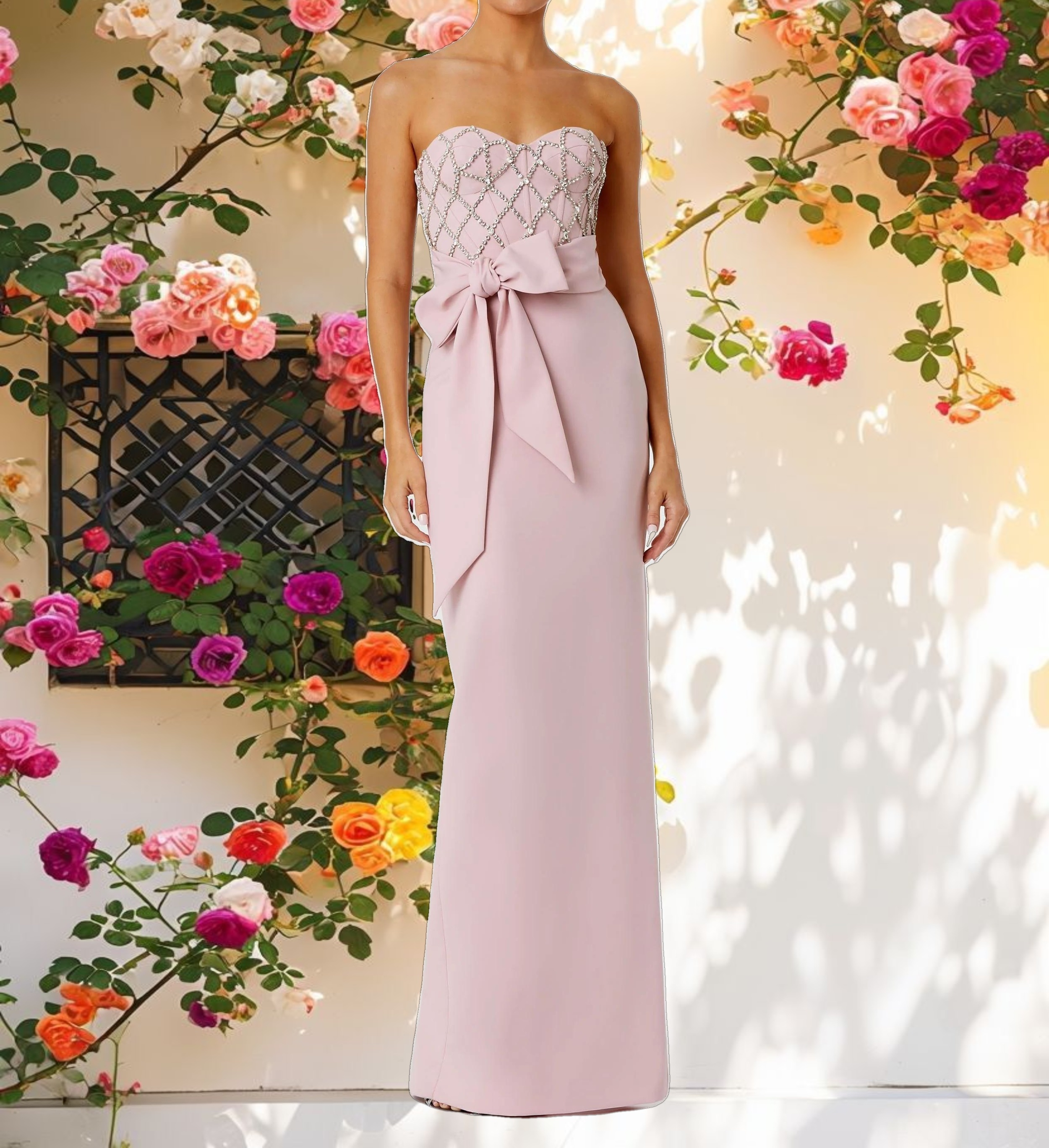 Pink Embellished Strapless Bustier With Bow Crepe Gown