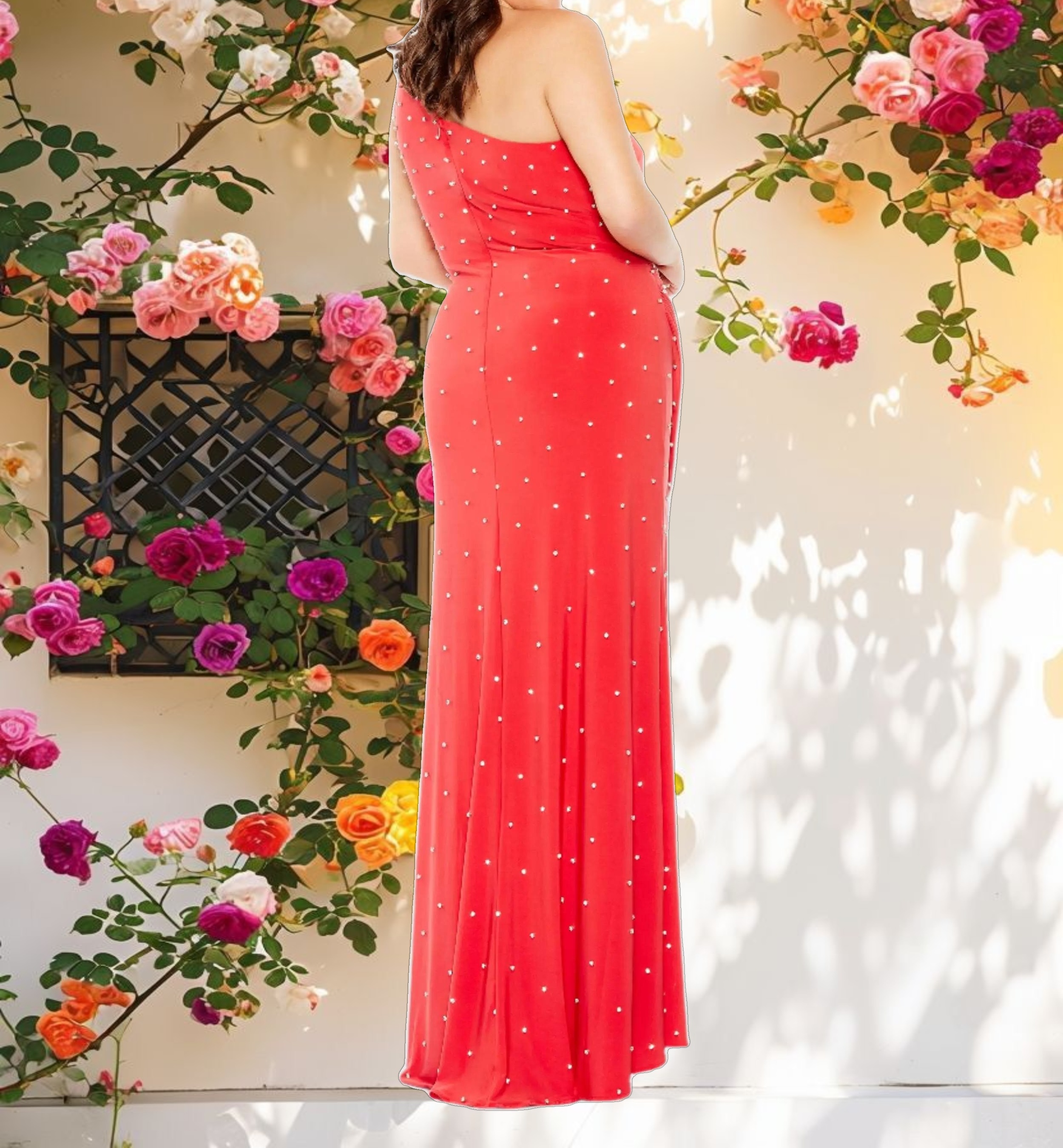 Red Jewel Encrusted Draped One Shoulder Gown