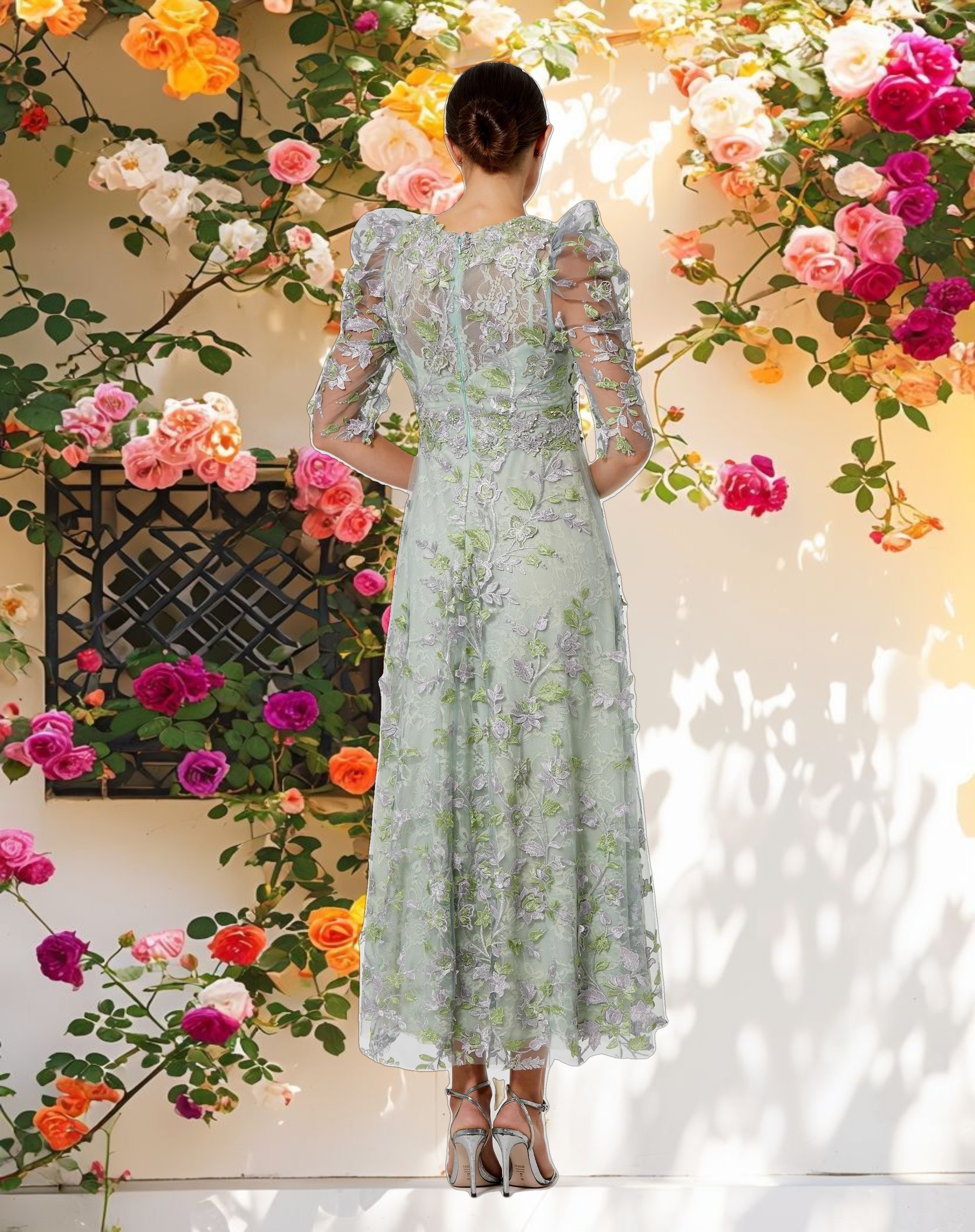 Green Applique High Neck Puff Sleeve A Line Dress