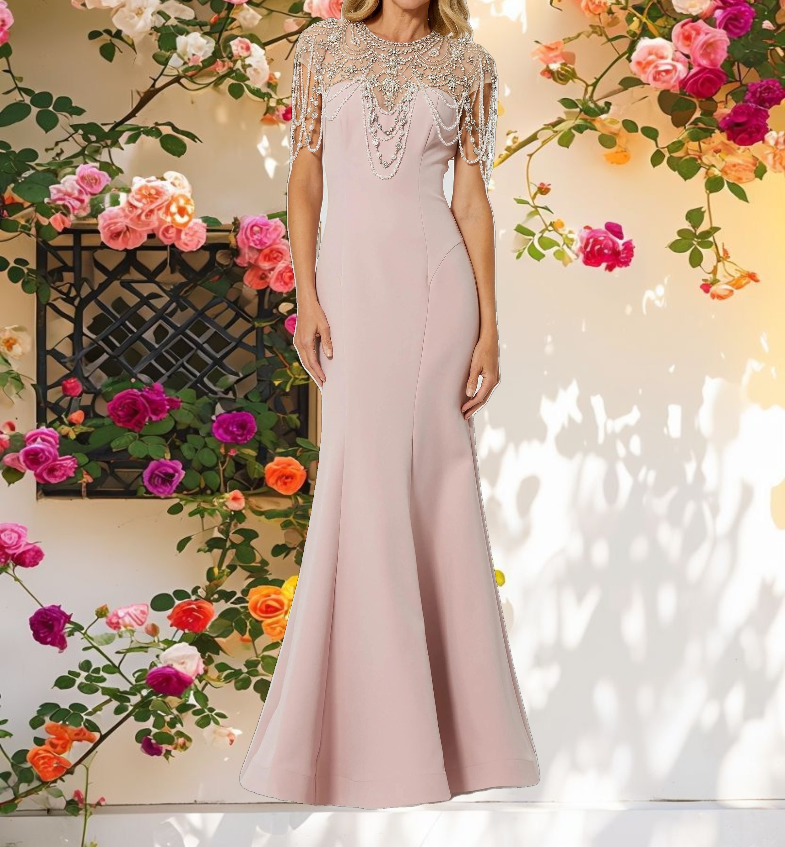 Pink Draped Pearl Beaded Mermaid Gown