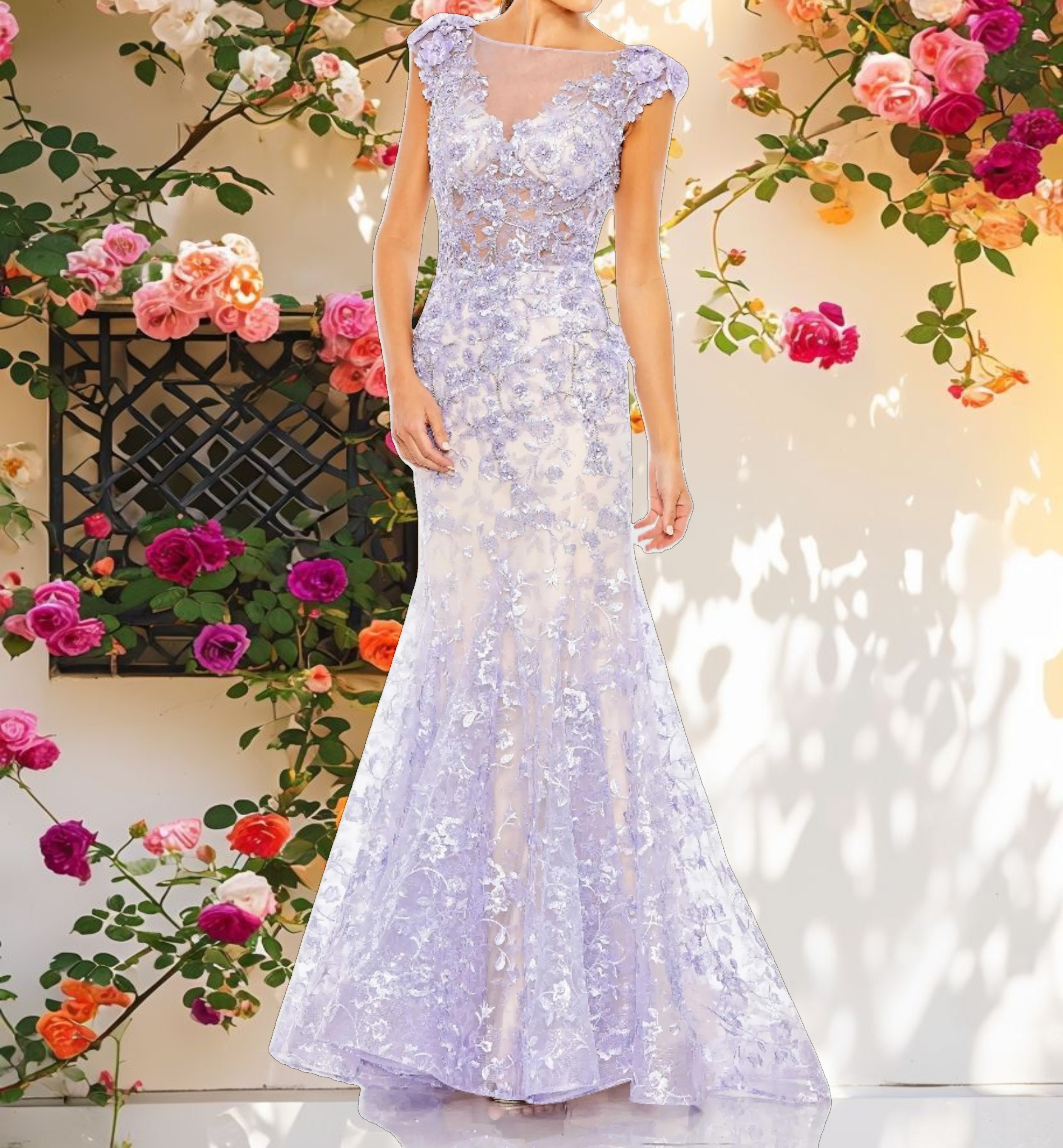 Purple Decorated Cape Sleeve False Neck Skirt Dress