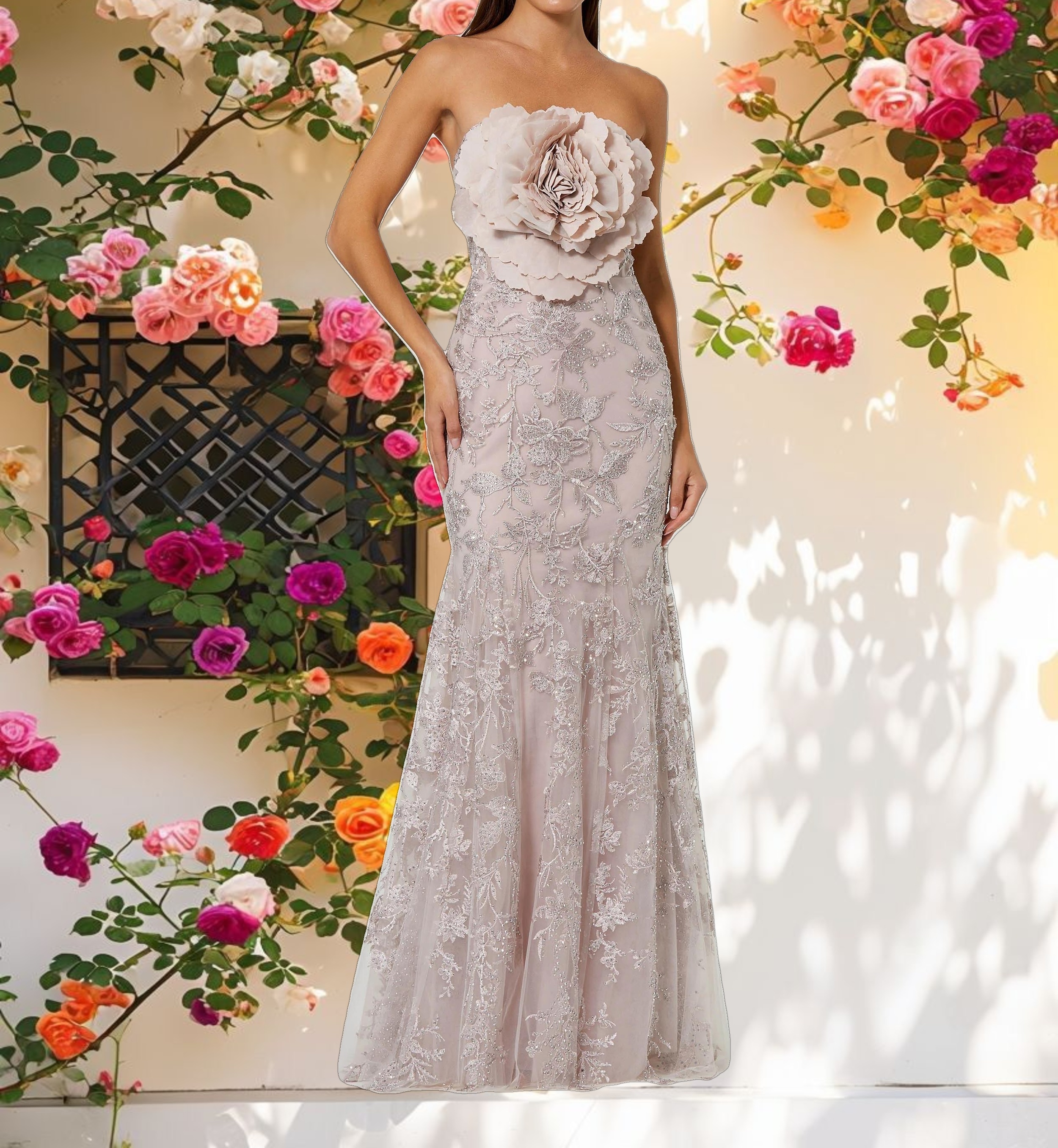 Floral Beaded Dress With Flower Detail