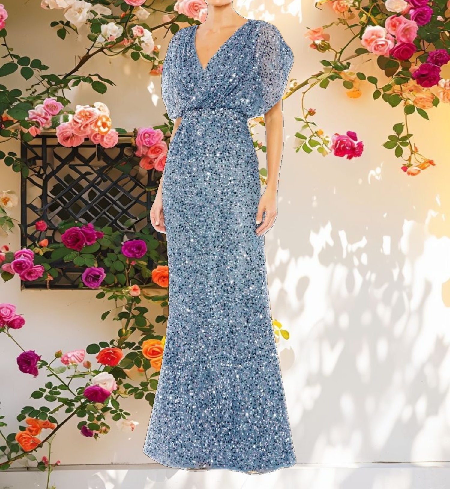 Draped Sleeve V Neck Gown