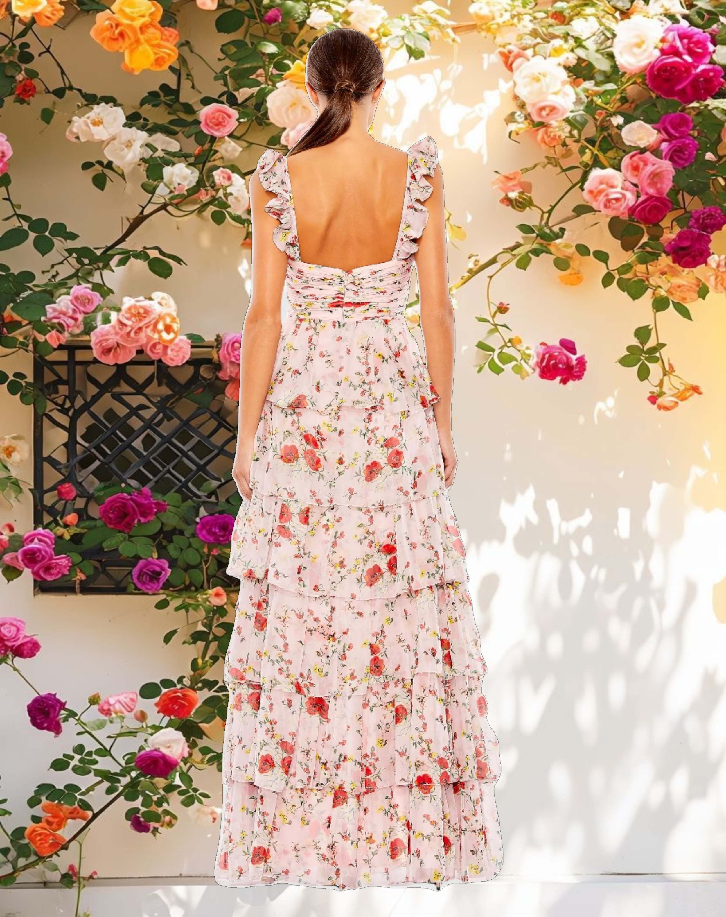 Ruffled Draped Tiered Floral Print Gown