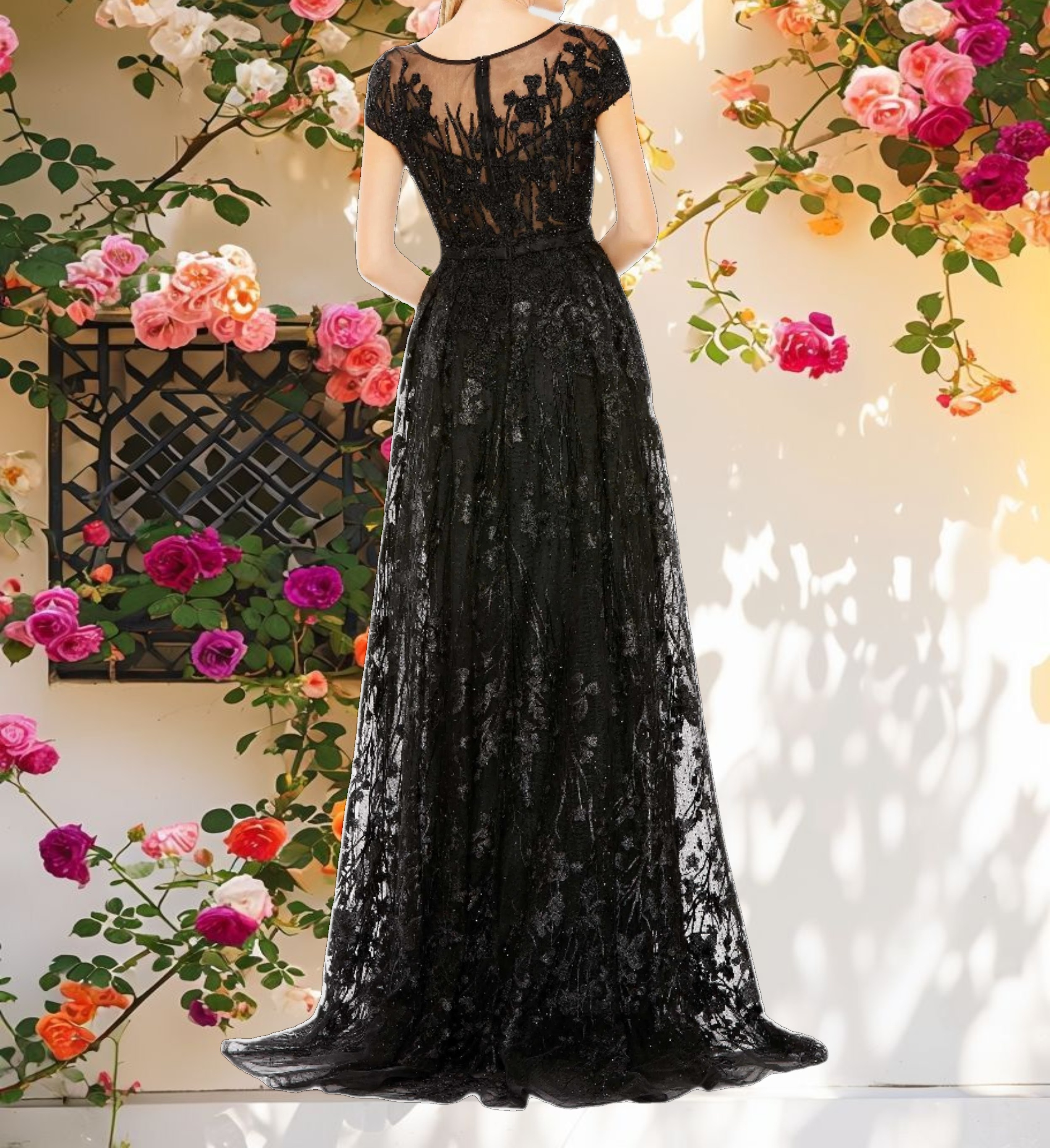 Black Embellished Floral Cap Sleeve A Line Gown