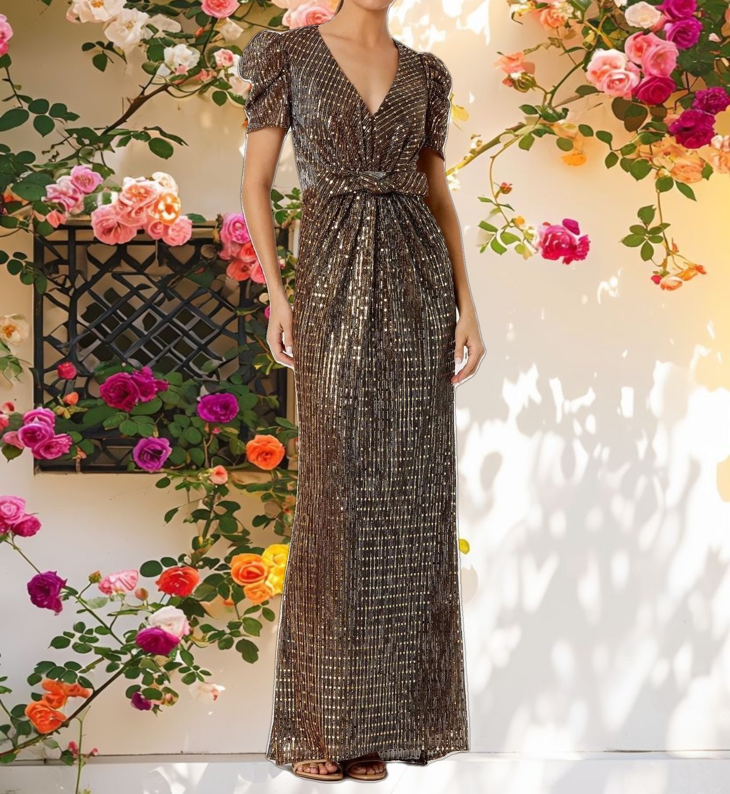 Metallic Gown with Bow Waist