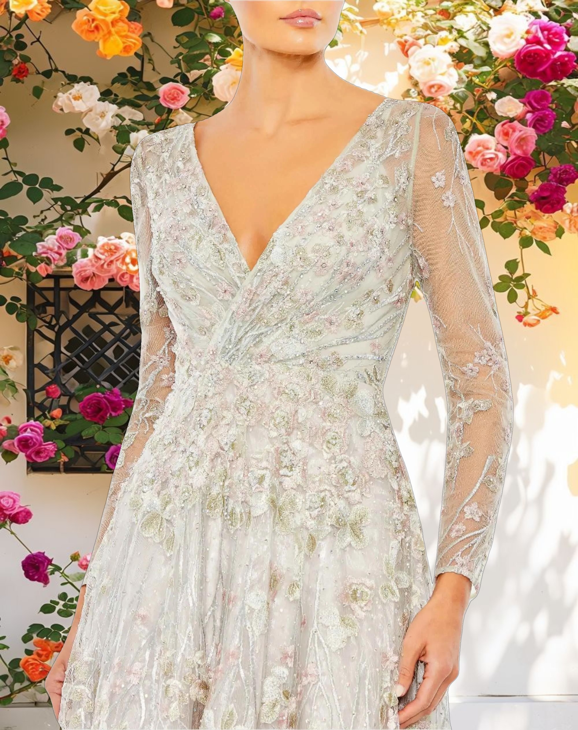 White Embroidered Lace Wrap Over Illusion Long Sleeve A Line Gown