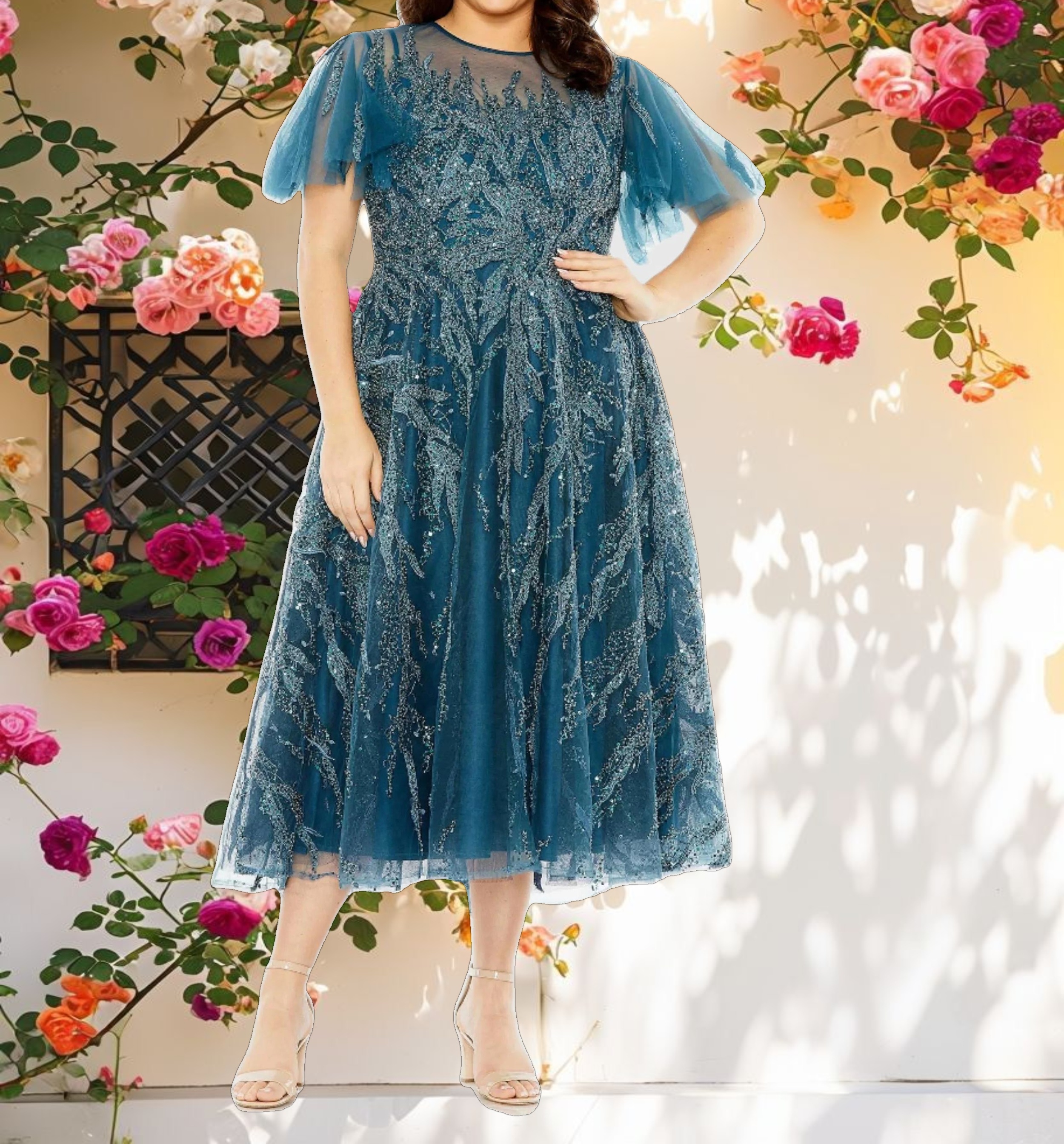 High Neck Flutter Sleeve A Line Embellished Dress