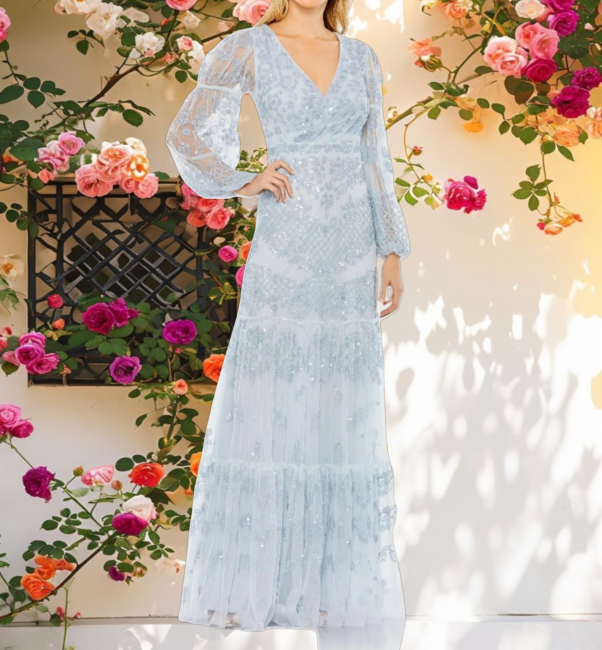 Blue Sequined Tiered Wrap Over Puff Sleeve Gown