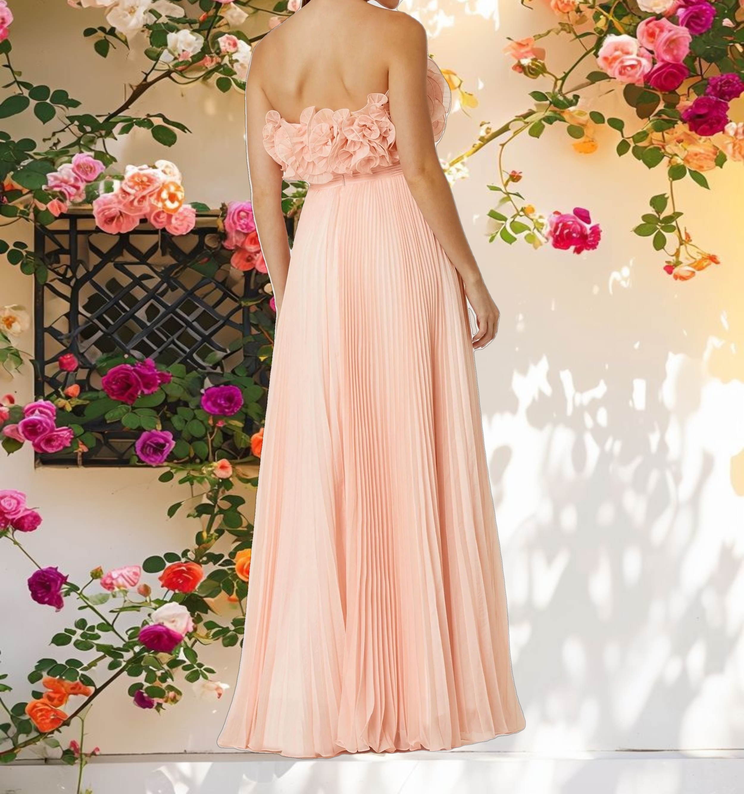 Pink Pleated Chiffon Strapless Gown With Ruffles