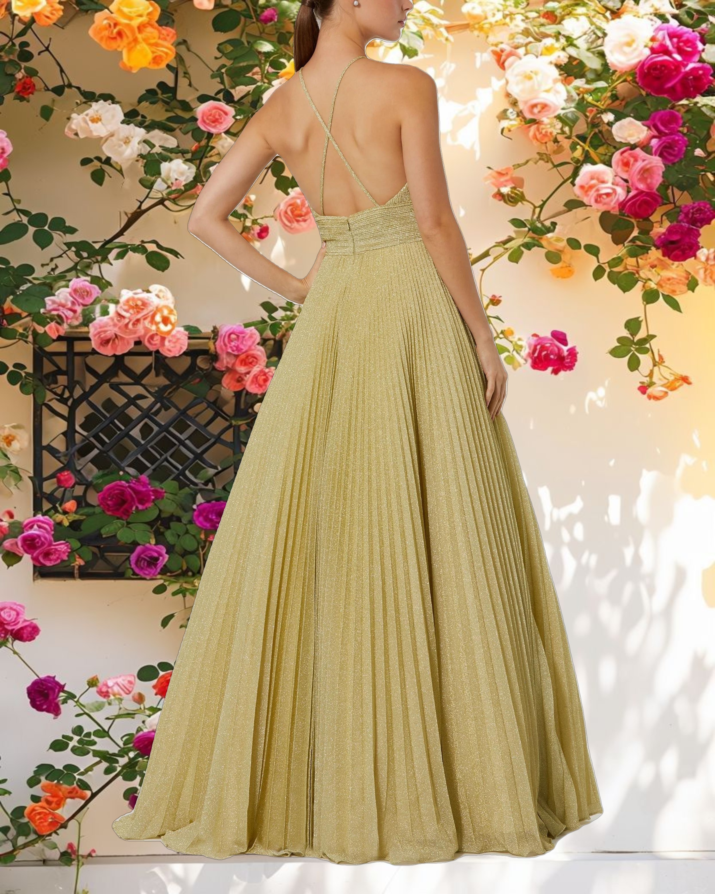 Shimmering Pleated High Neck Gown