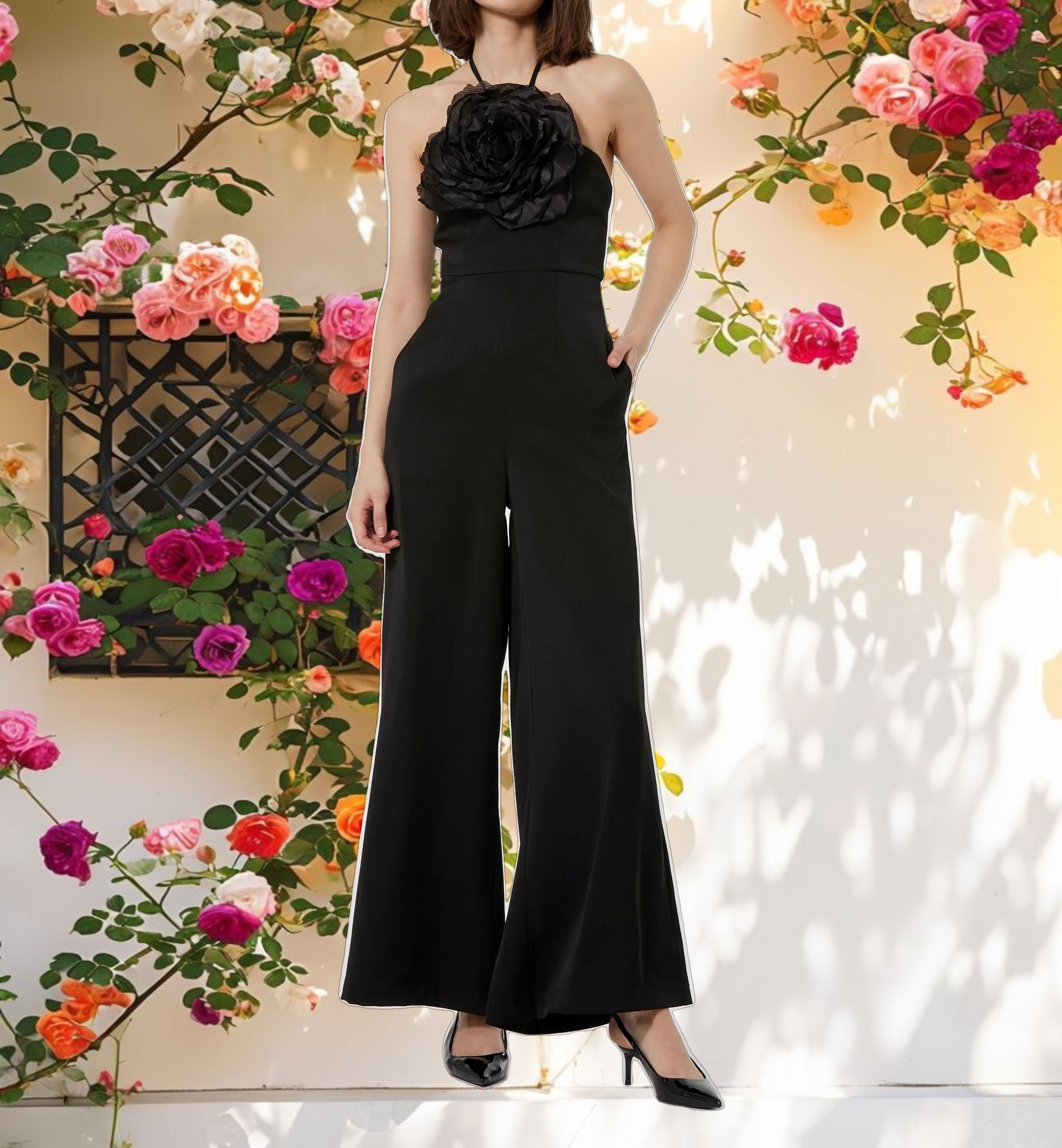 Halter Neck Crepe Jumpsuit With Flower