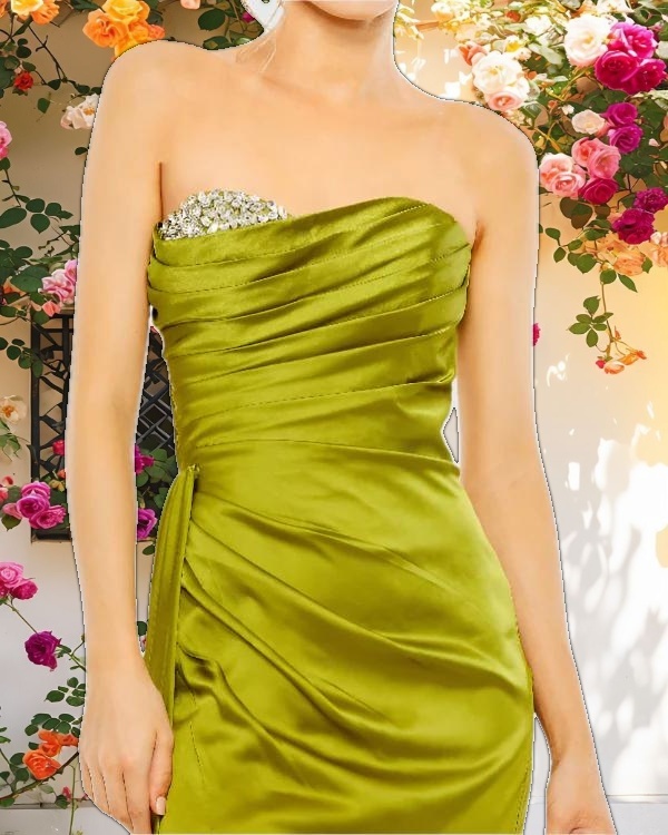 Green Strapless Embellished Sweetheart Neckline Satin Gown