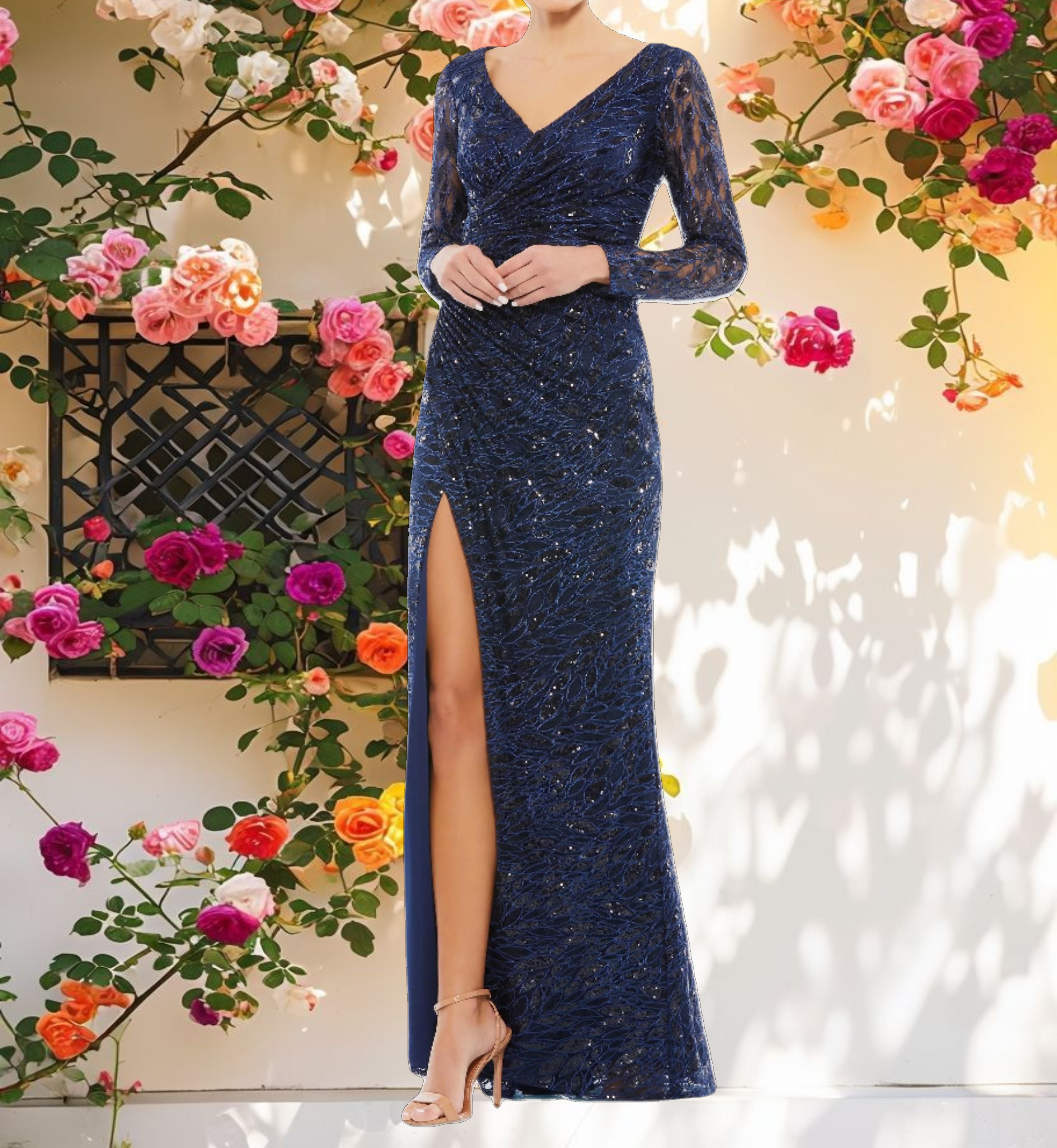 Navy Long Sleeve Ruched Sequined V Neck Gown