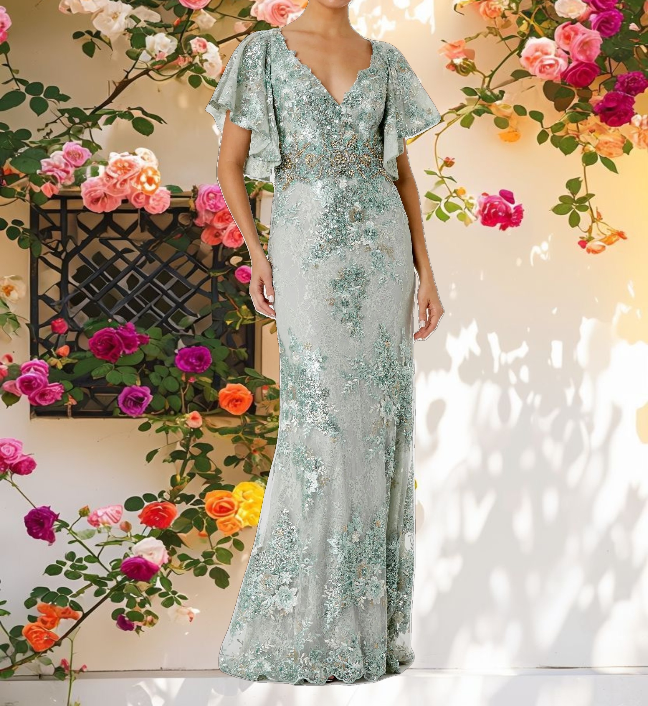 Green Bell Sleeve Floral Embellished Gown