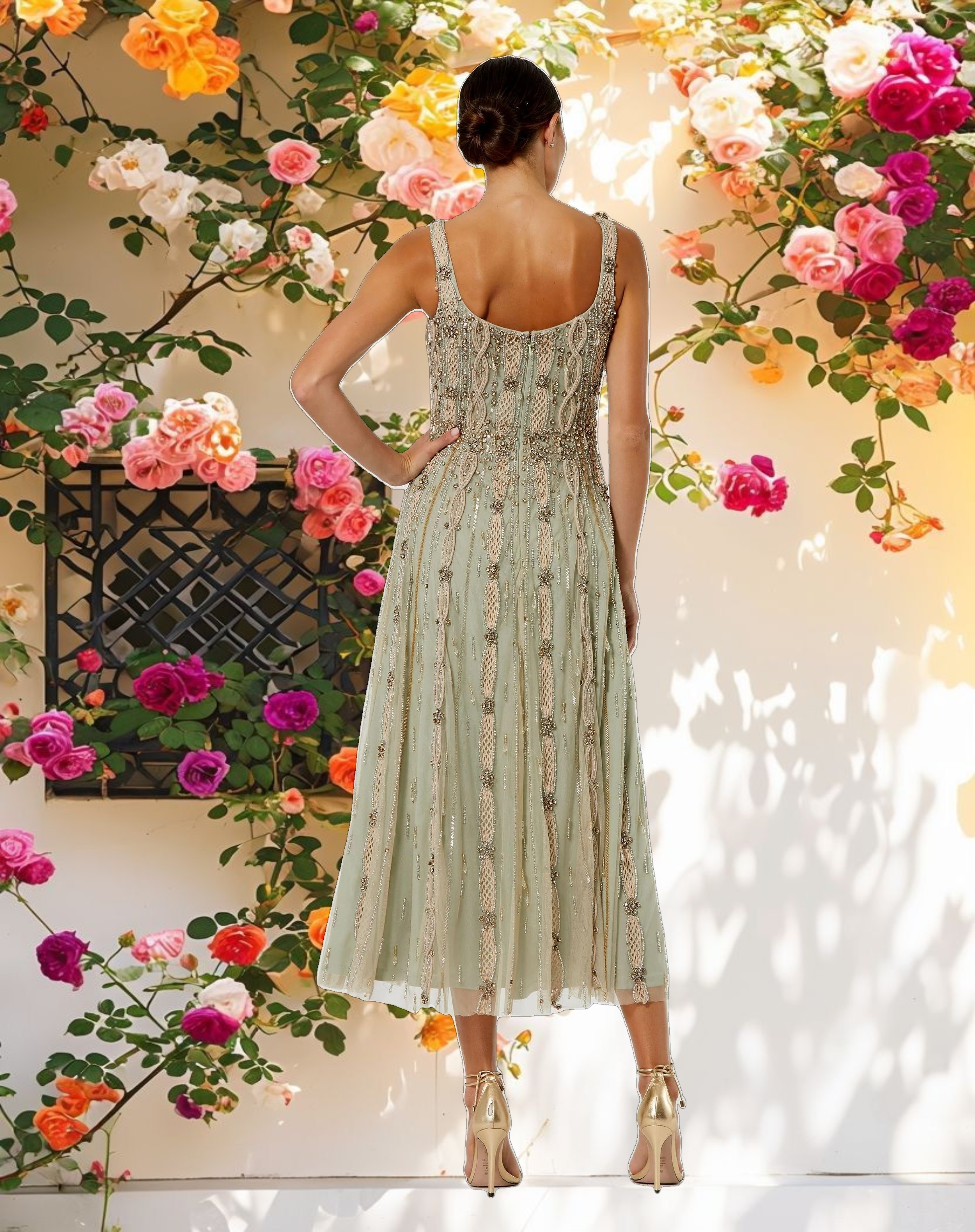 Green Embellished Mesh Sleeveless Scoop Neck Midi Dress